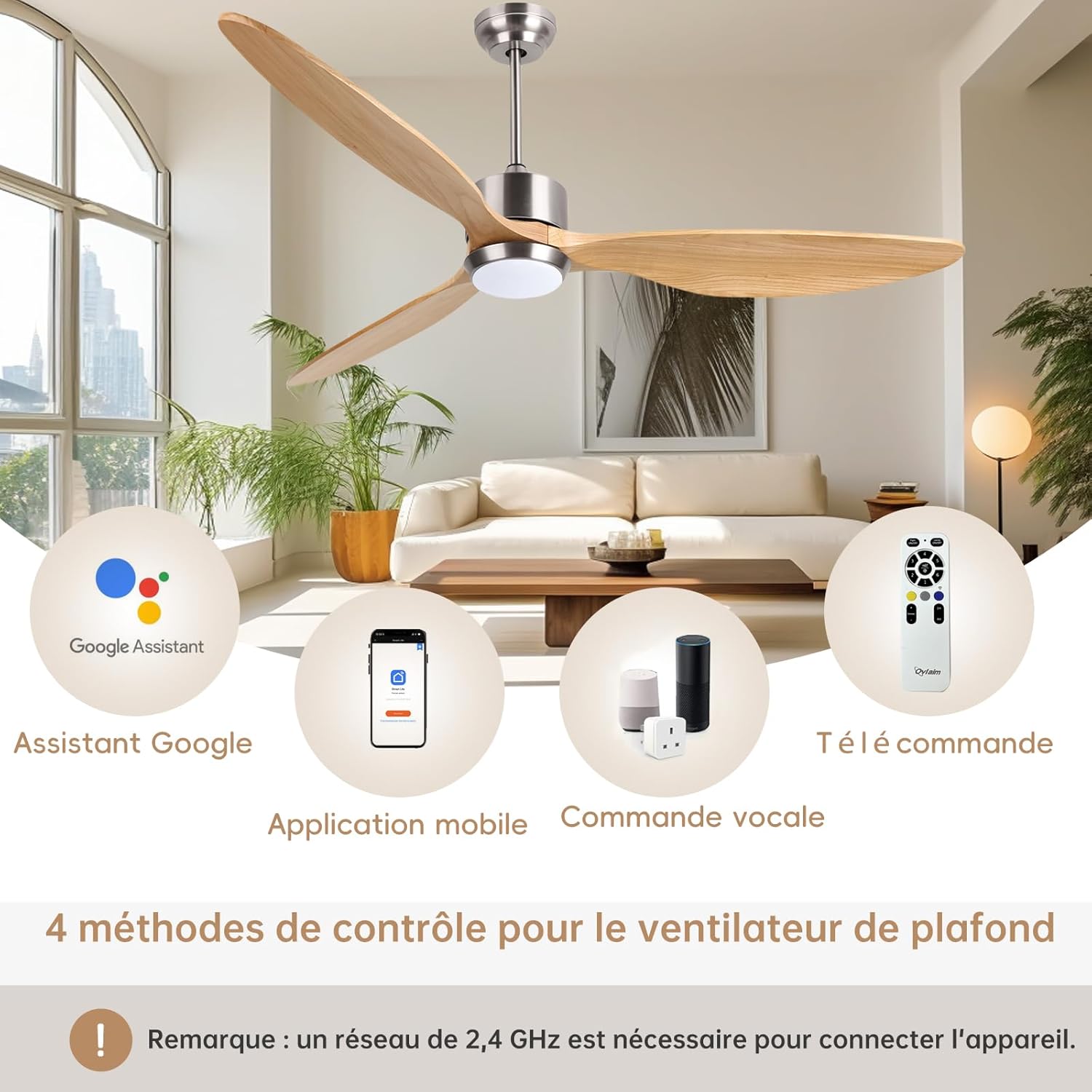 Ovlaim 132cm intérieur extérieur 3 pales hélice Smart ventilateur de plafond, Ventilateur de plafond en bois massif à moteur DC silencieux avect