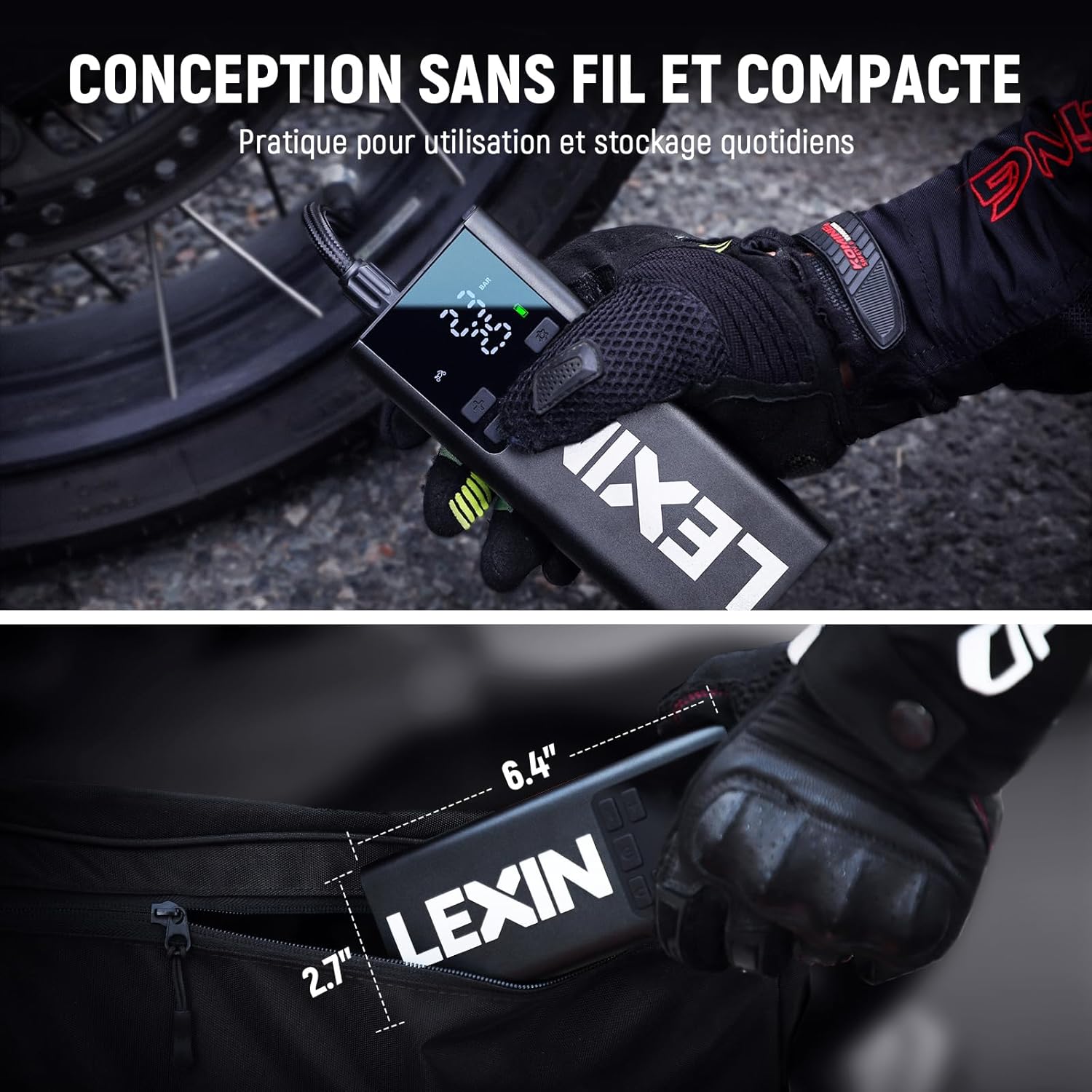 LEXIN P5 Compresseur d'Air Portatif 150PSI, Gonfleur Pneus sans Fil 5000mAh, Gonfleur lectrique l'cran LCD, Puissance Mobile, Pompe de Pneu avec Presta/Schrader pour Moto/Voiture/Vélo/Balle/Scoote