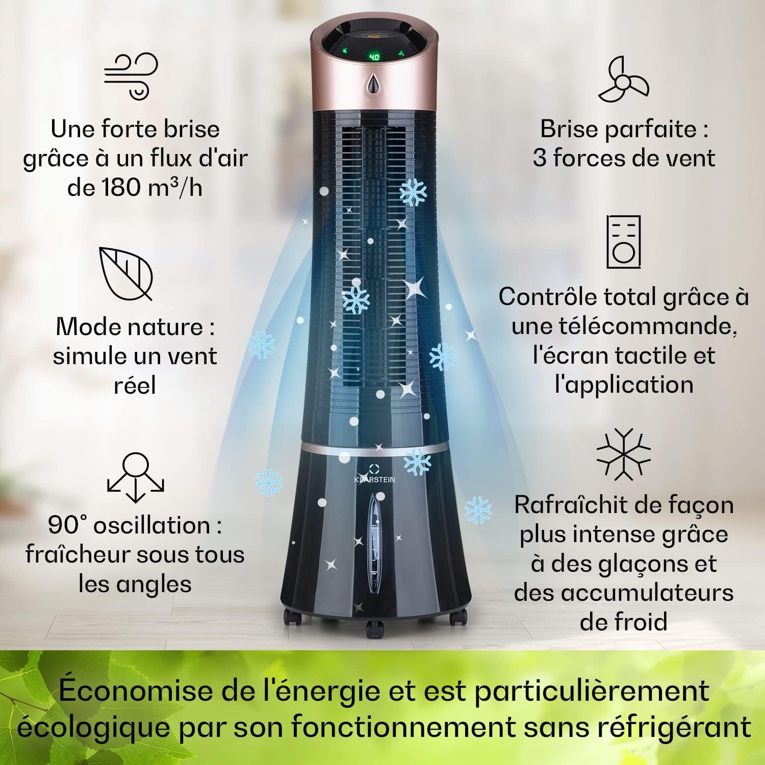 Klarstein Rafraichisseur d'Air Mobile 5 en 1, par Evaporation avec Humidificateur, Ventilateur, Ioniseur, Climatiseur Mobile Sans Évacuation, Mode Nuit, 45W, Débit d'Air de 180m³/h