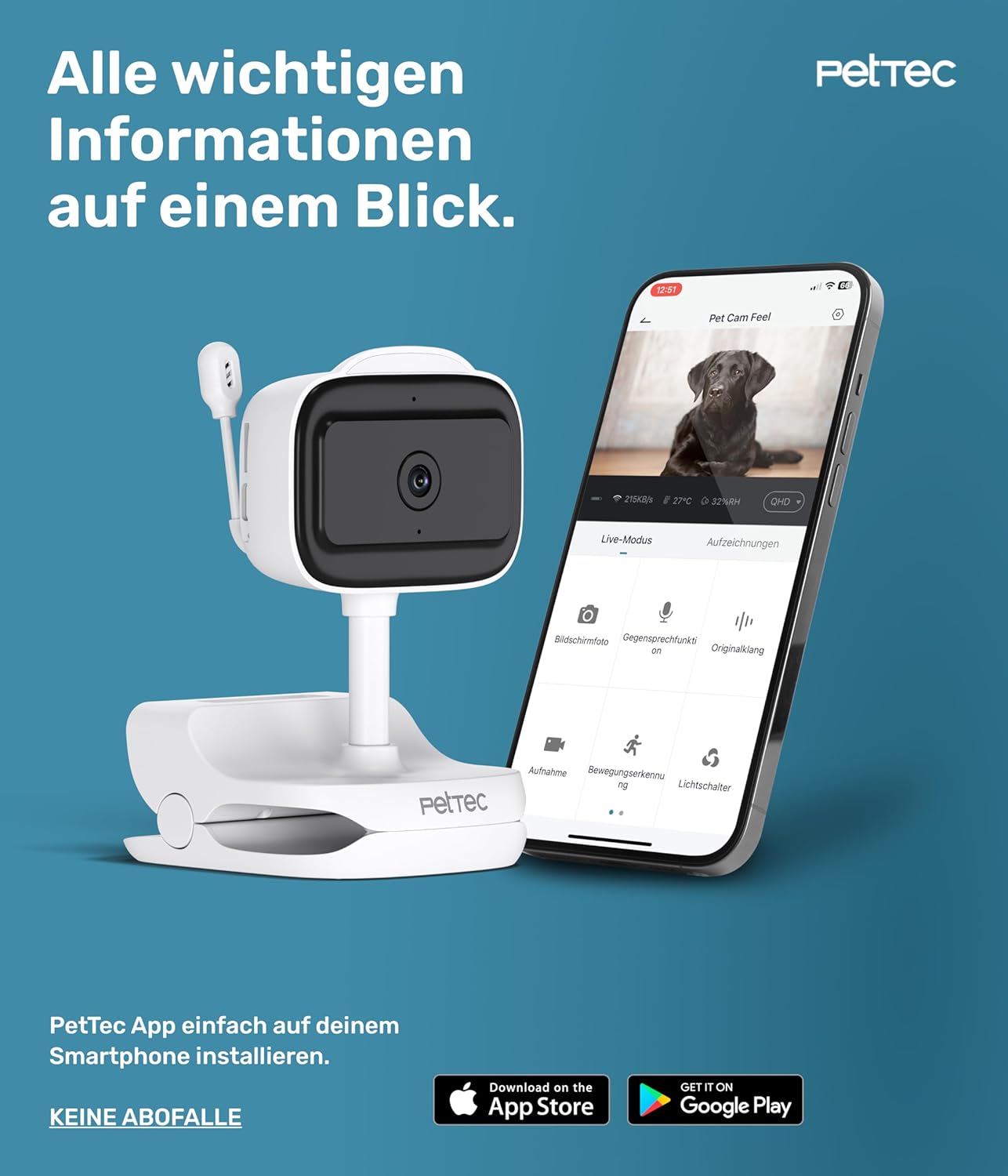 PetTec Cam Free Lot de 2 caméras sans fil pour animaux de compagnie avec application [sans piège à abonnement] – Caméra pour chats et chiens intérieur/extérieur – Détection de mouvement et fonction