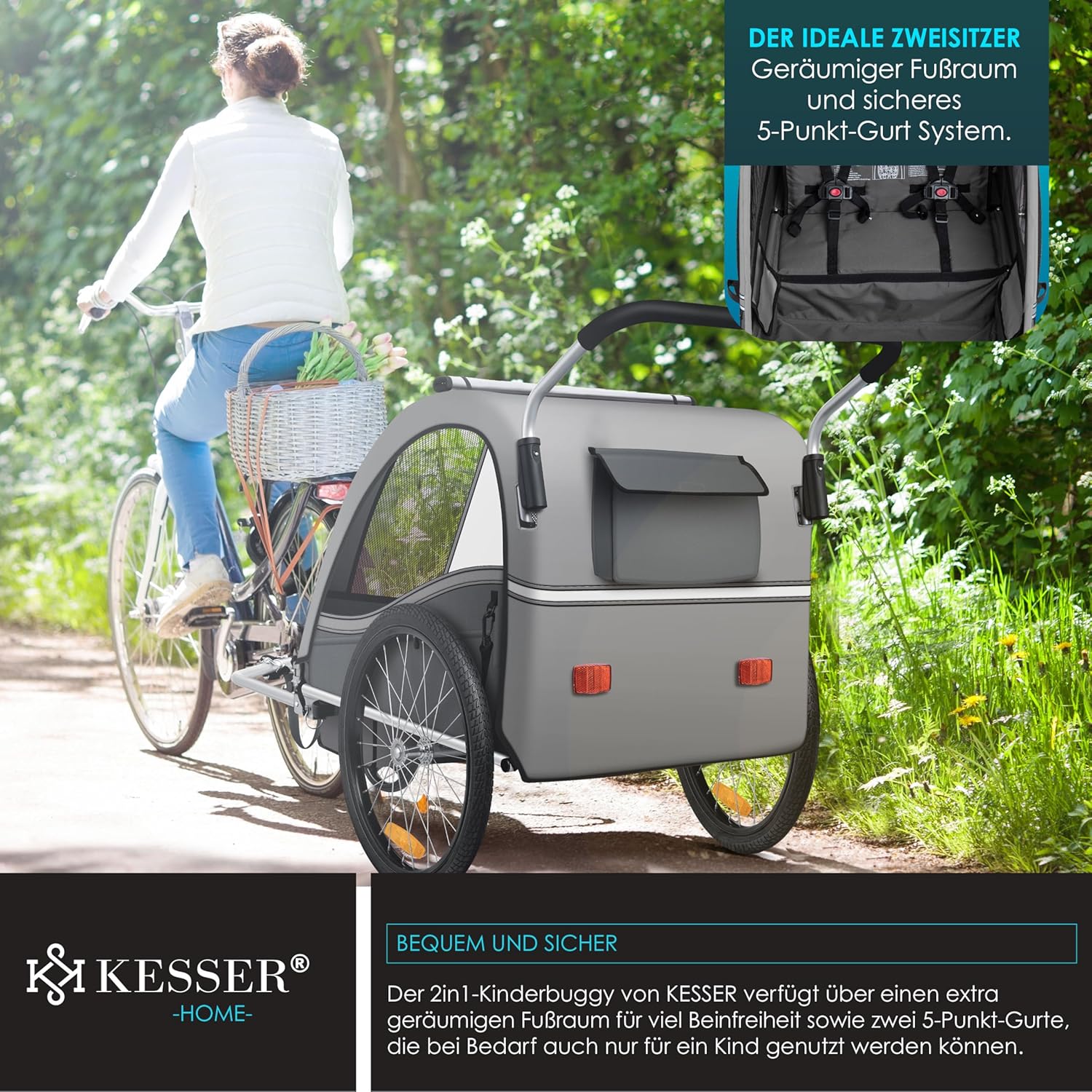 KESSER® Remorque pour Enfants Remorque de vélo Sport-RX 2en1 Fonction de Running Remorque de vélo pour Enfants + Ceinture de sécurité 5 Points 360°- Roue Avant Jogger Poussette Vélo