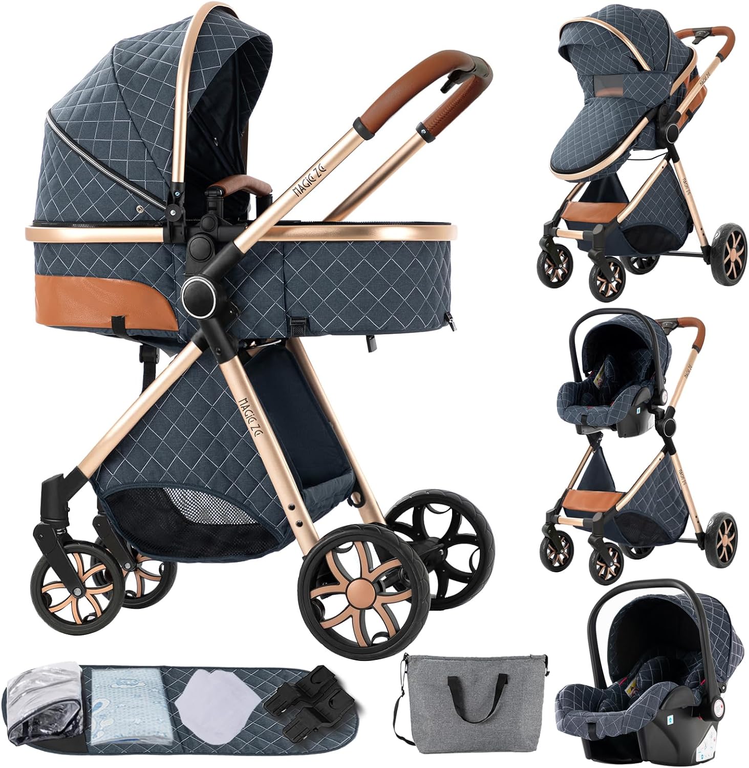 NADDLILY Poussette 3 en 1, Poussette Bebe avec Conception Portable Pliable en Un Clic, Pousette 3 en 1 avec Poussée Réversible Bidirectionnelle, Poussette Canne avec Accessoires (V9 Black)