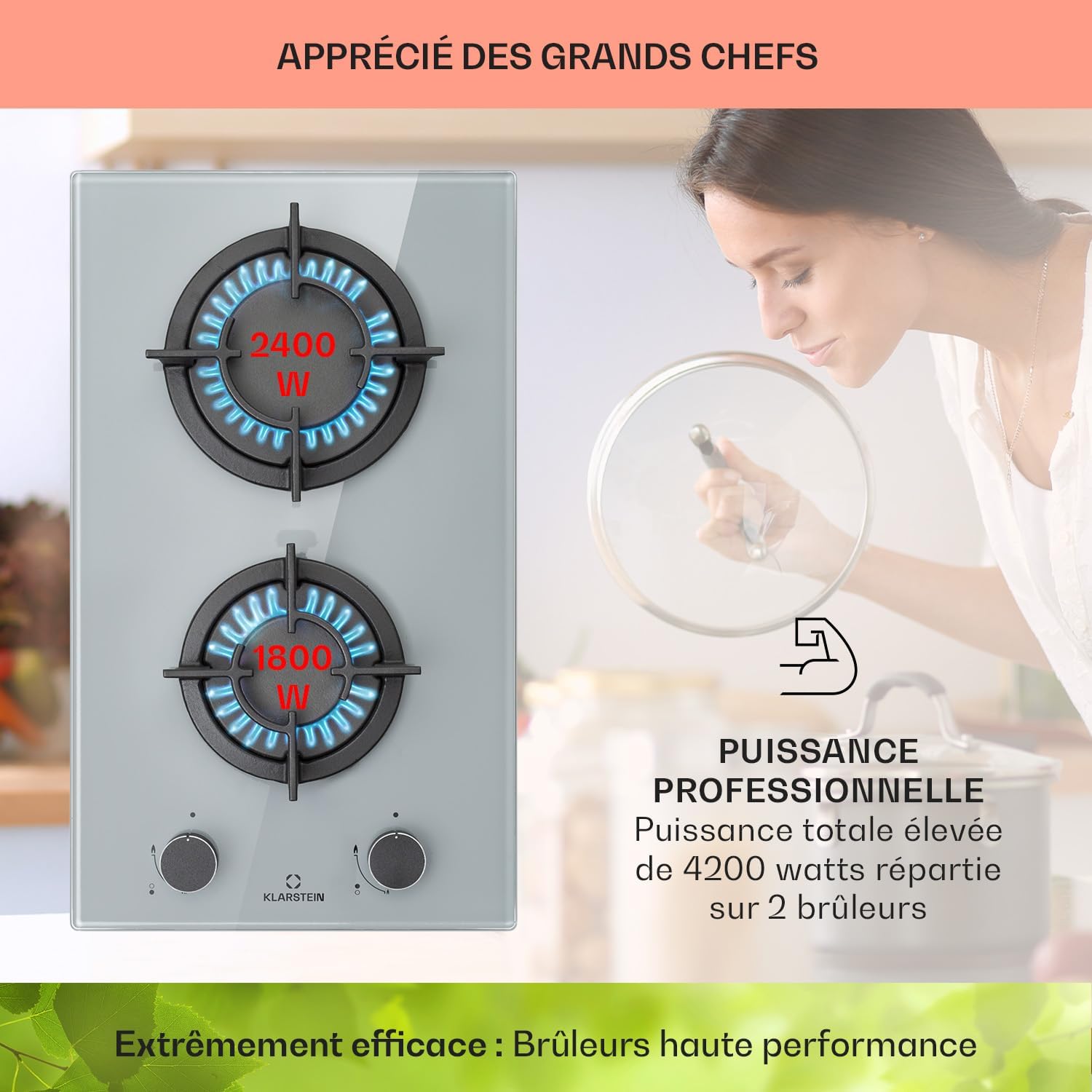 Klarstein Table de Cuisson à Gaz, Plaque de Cuisson Gaz à 4 Brûleurs, Table de Cuisson Electrique à 4 Feux de 8000W, Cuisiniere Gaz, Gaziniere Gaz avec Brûleurs en Acier Inoxydable, Cuisinières GPL