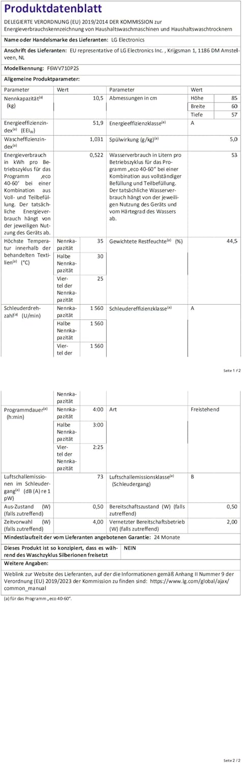 LG F4WV7080, Klasse A, Frontlader-Waschmaschine 8 kg, 1400 U/Min, AI Direct Drive, Wi-Fi, Tiefenreinigung mit Dampf, Groe Kapazitt, TRIPLE A, Auentür aus Sicherheitsglas, 62 x 60 x 85 cm  Wei