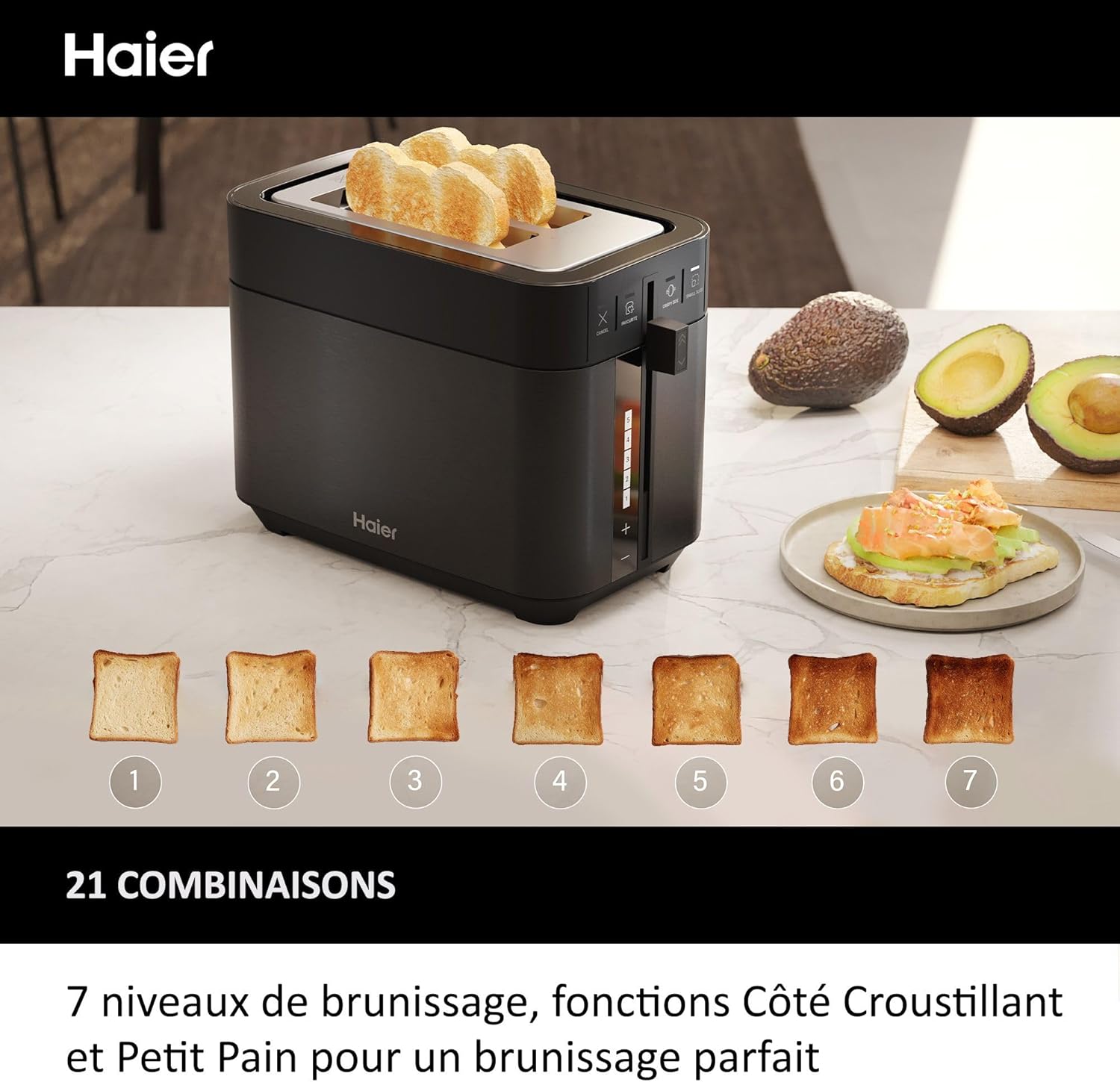 Pack Petit Déjeuner Grille-Pain Toaster+Bouilloire Haier I-Master Série 5, Acier Inoxydable, Fentes Extra Profondes, 7 Niveaux de Brunissage, 7 Réglages de Température Fonction Maintien au Chaud