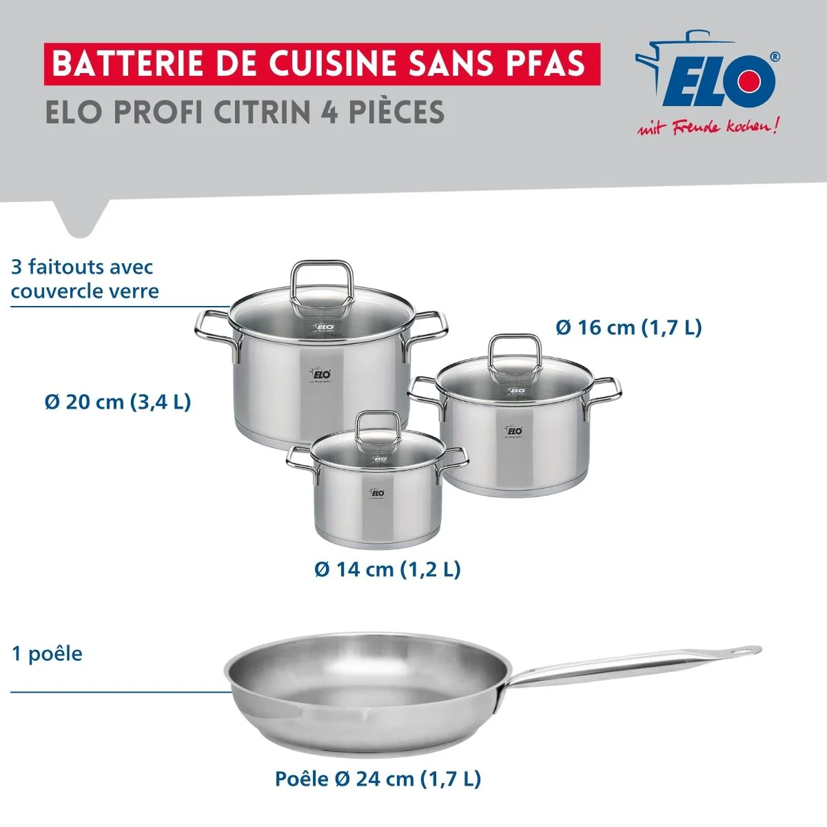 Ensemble de 1 Poêle de cuisson 24 cm et 3 faitouts 14, 16 et 20 cm Elo Profi Citrin Elo
