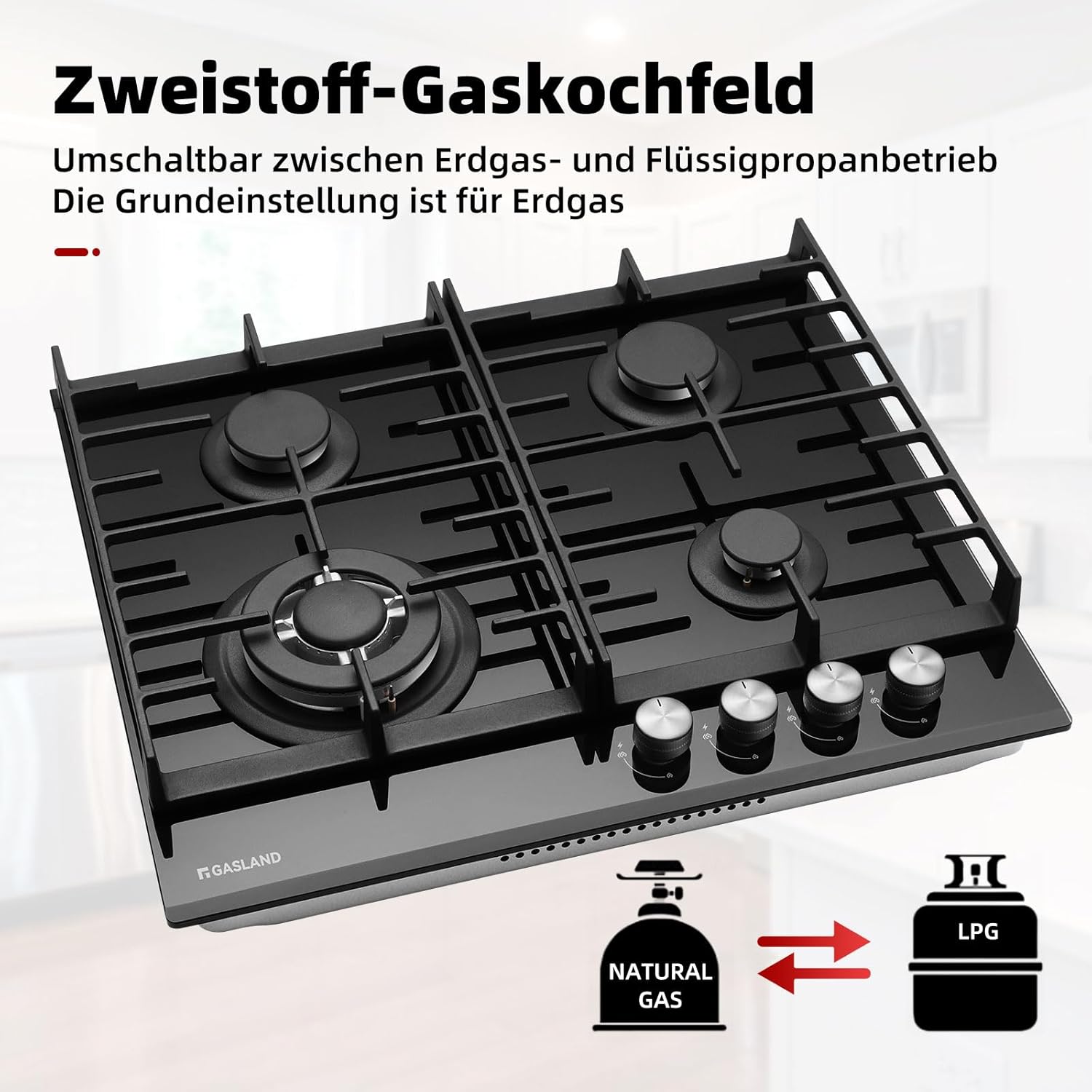 GASLAND GH2805BG1FC Table de cuisson à gaz 5 feux, Cuisinière à gaz avec brûleur wok, Table de cuisson à gaz encastrable, 76cm noir Cuisinière à gaz en verre, Cuisinière à gaz 10,4KW, GPL/NG