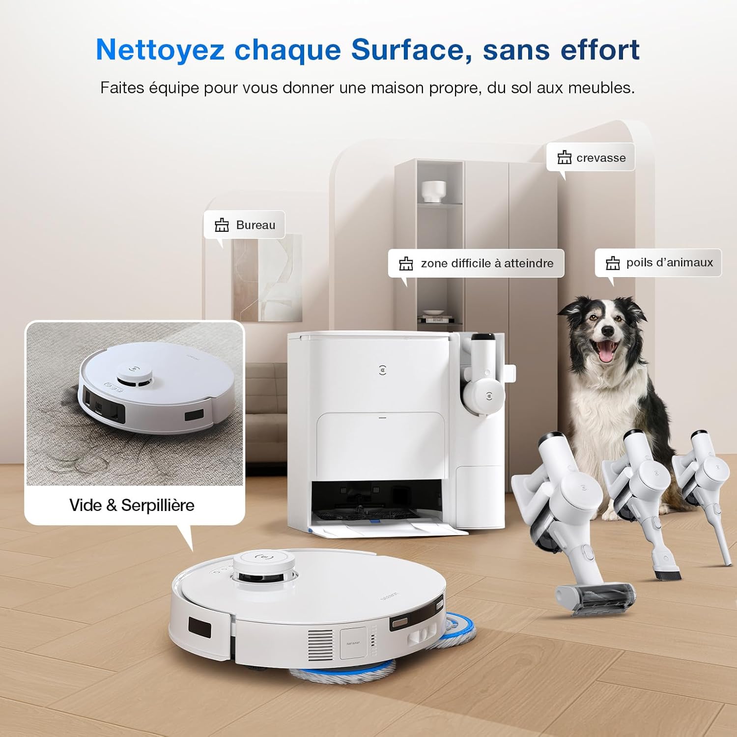 ECOVACS X8 PRO OMNI Robot Aspirateur Laveur avec Station Tout-En-Un, Puissance 18000Pa, Nettoyage Automatique Instantané OZMO ROLLER, Nettoyage à l'eau chaude 75℃, Ajout Solution Nettoyage Automatique