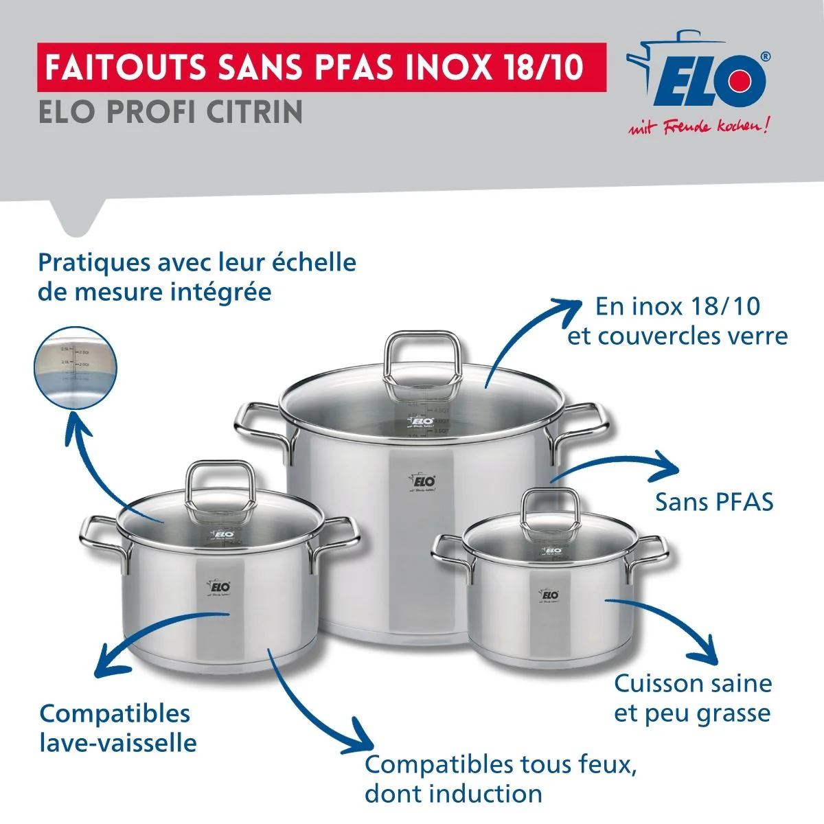 Ensemble de 2 Poêles de cuisson 24 et 28 cm et 3 faitouts 16, 20 et 26 cm Elo Profi Citrin Elo
