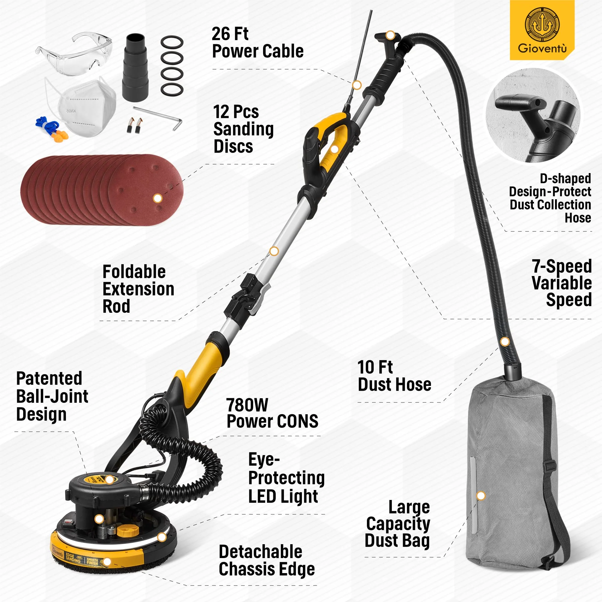 Gioventù Electric Drywall Sander with Vacuum for Popcorn Ceiling