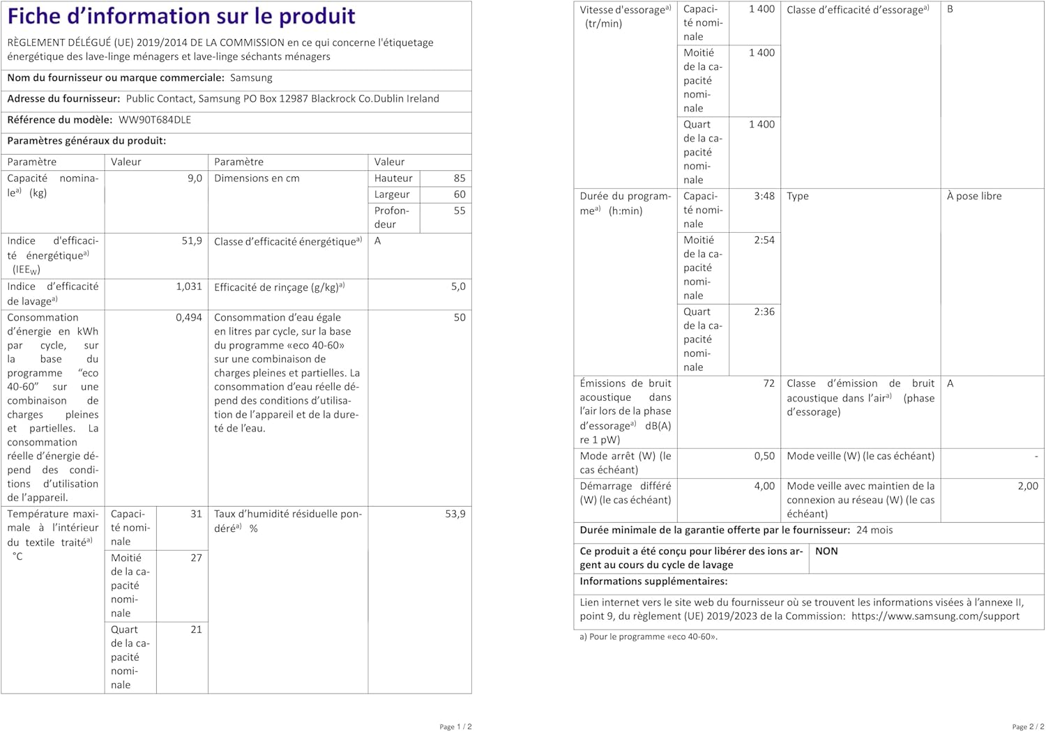Machine à laver Samsung WW90T936DSH 9 kg