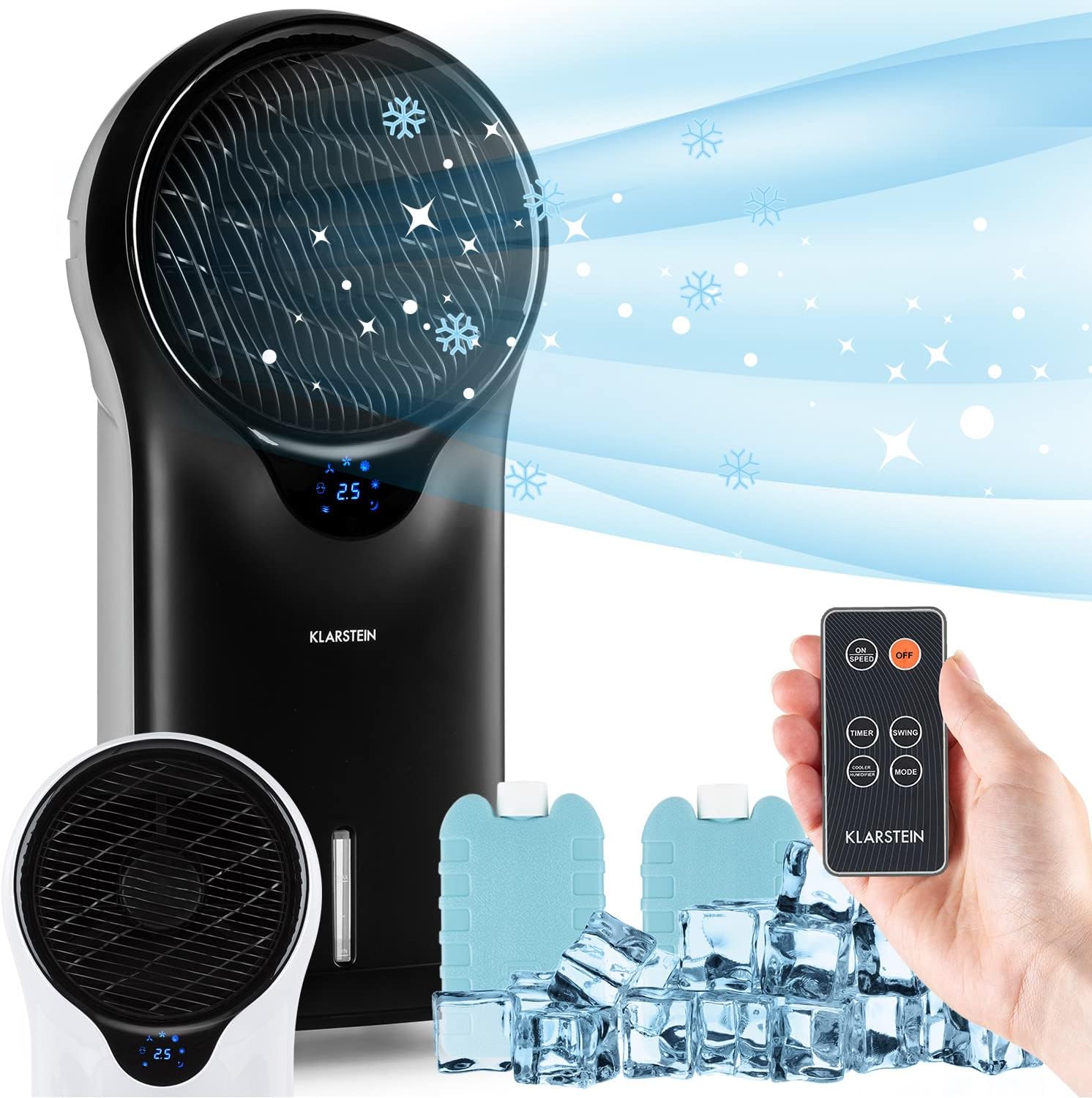 Klarstein Climatiseur Mobile 3 en 1, Climatiseur Portable avec Humidificateur, Ventilateur, Climatiseur Mobile Sans Évacuation, 2 Pack Glacons, Minuterie, 3 Modes, 90W, Puissant Débit d'Air 1600m³/h