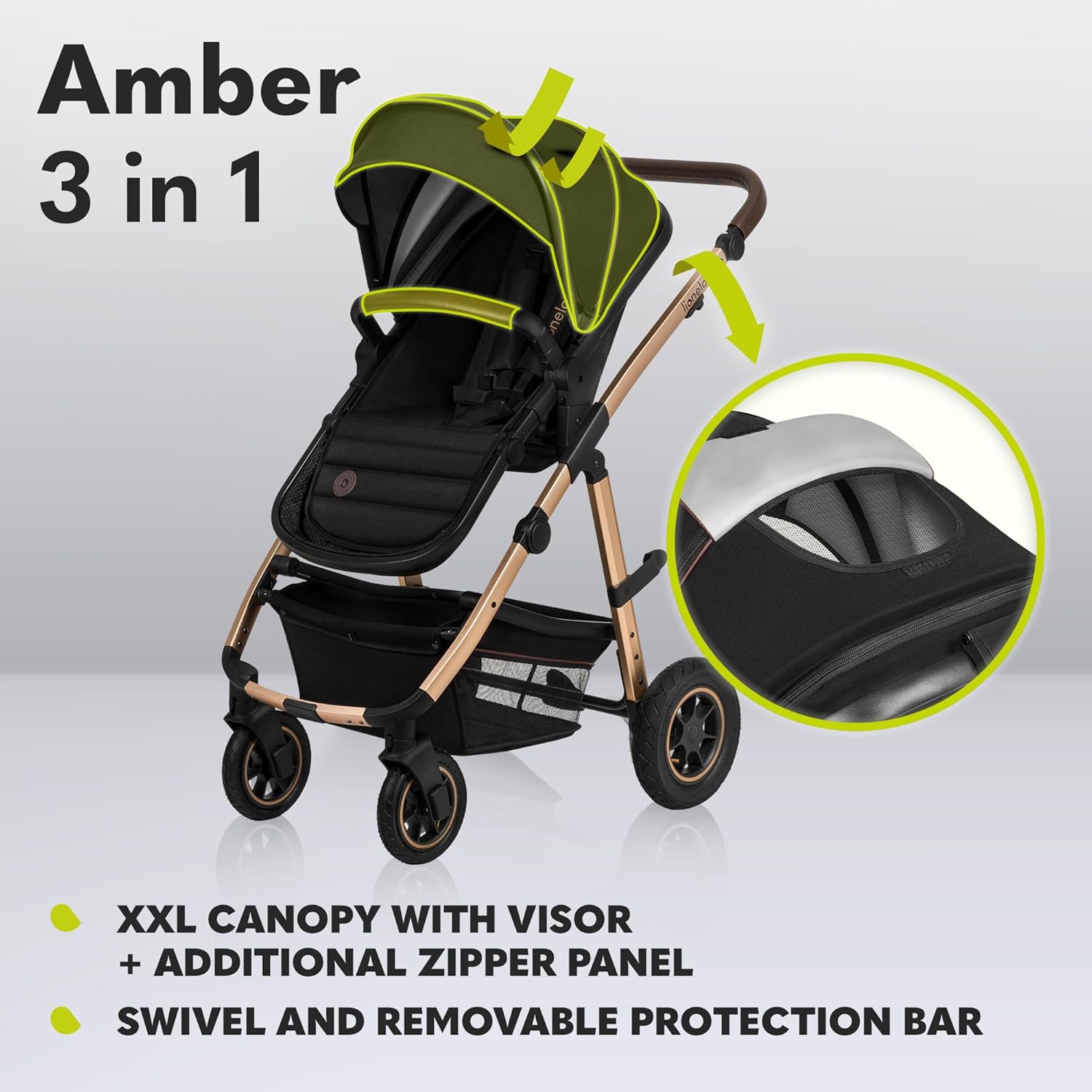 LIONELO Amber 3 in 1 poussette multifonctionnellle, landau, ensemble poussette avec siège sport et nacelle fixe, sac, moustiquaire, couvrir, feuille de pluie mit siege auto