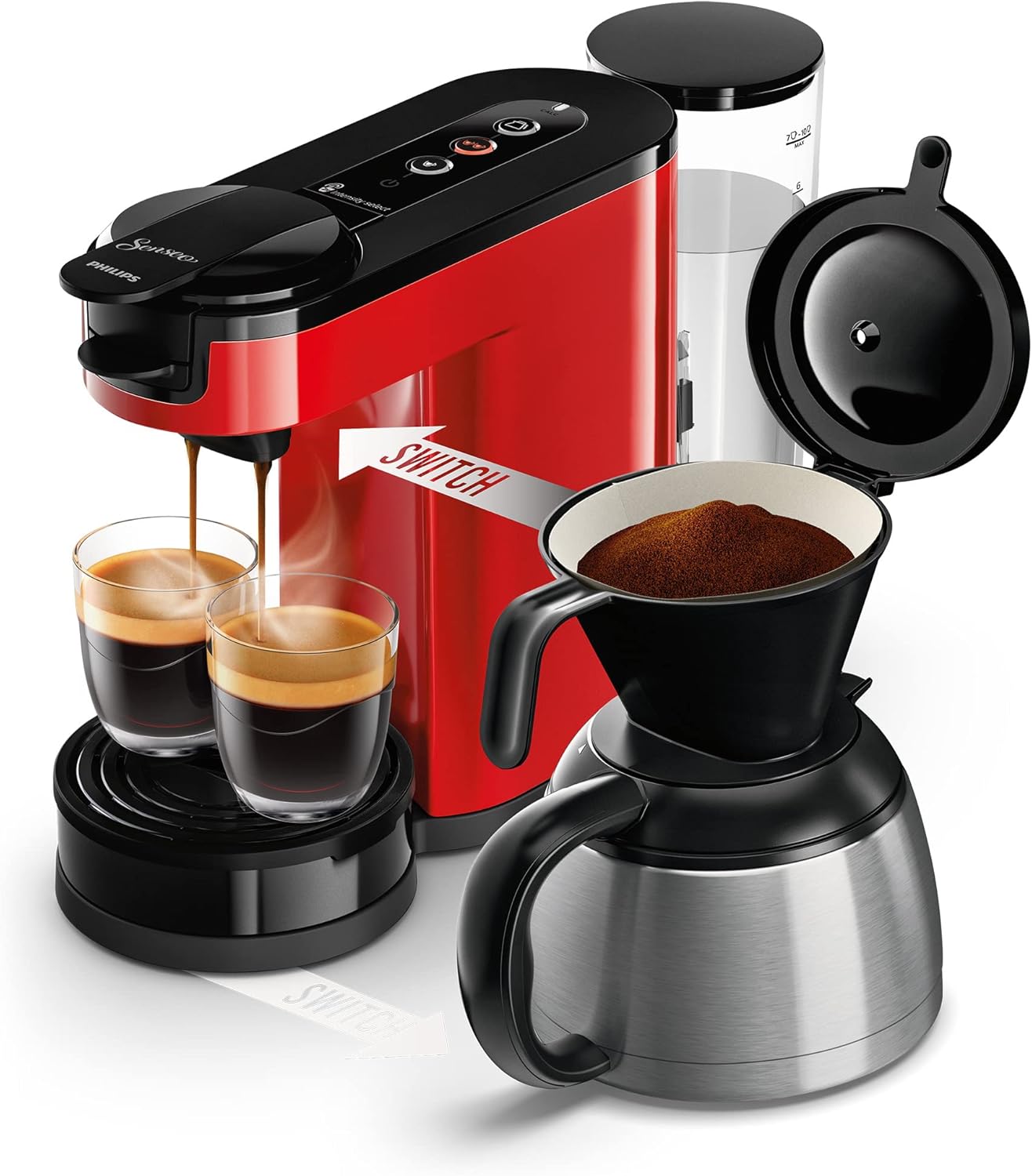 Philips Senseo Switch Pad- und Filterkaffeemaschine, 2-in-1-Brühtechnologie, 1-Liter-Wasserbehlter, 7 Tassen in einem Durchgang, Klavierlackschwarz (HD6592/64)