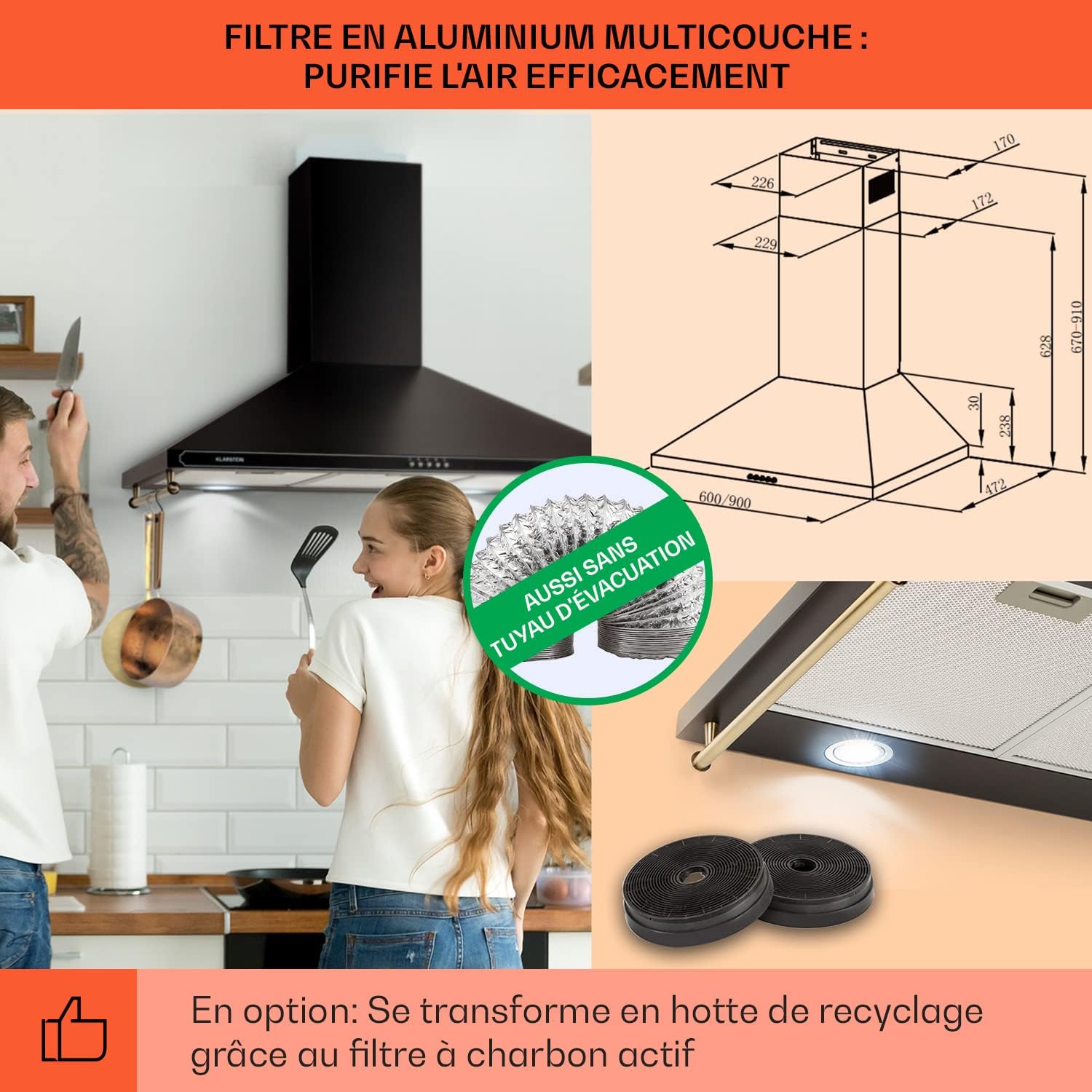 Klarstein Hotte Aspirante 90 cm, Hottes de Cuisine avec Filtre de Hotte en Aluminium, Débit d'Air Puissant de 645m³/h, Eclairage LED, Extracteur d'Air Silencieux, Hotte Efficace avec Evacuation
