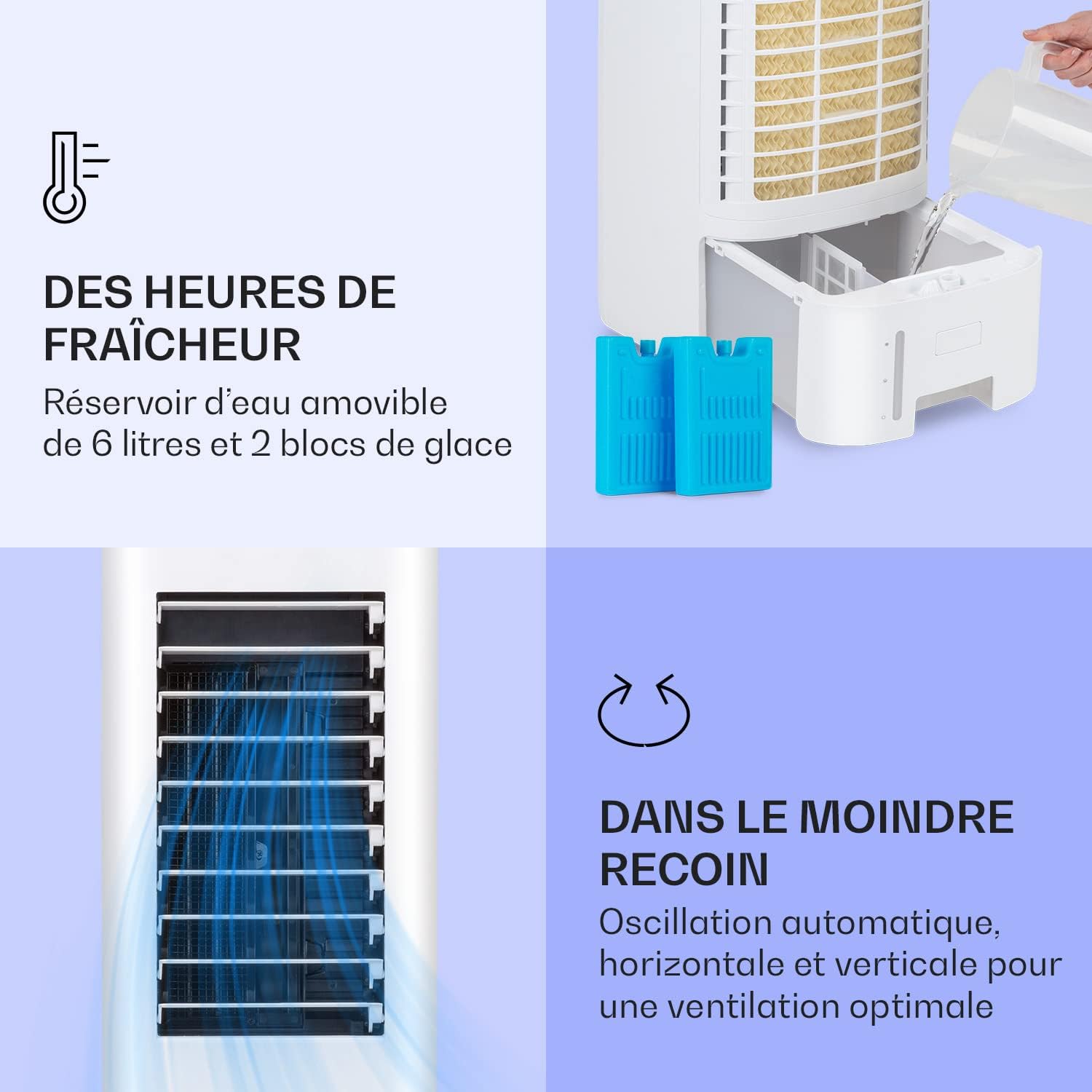 Klarstein Rafraichisseur d'Air 4 en 1, Climatiseur Portable Smart APP Mobile, Humidificateur, Ventilateur, Sans Évacuation 65W, Pack Glacons, Mode Nuit, Puissant Débit d'Air 330m³/h