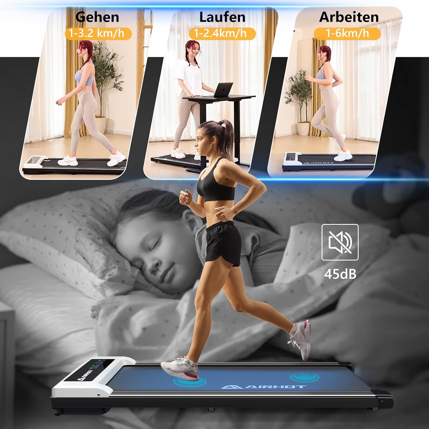 Laufband für Zuhause-AIRHOT, 2,5 PS Walking Pad, Untertisch-Laufband mit Fernbedienung und LED-Anzeige, maximale Geschwindigkeit von 6 km/h BZW. 12 km/h. Kompaktes Laufband für zuhause oder das Büro