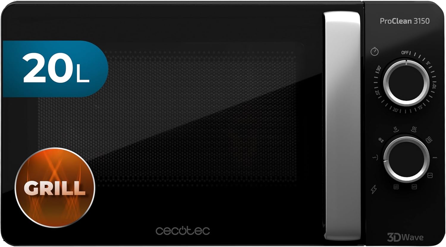 Cecotec Four à micro-ondes ProClean 9110 FullINOX avec grill 1000 W, 30 litres, 5 niveaux de puissance, 8 programmes, minuterie de 60 minutes, revêtement Ready2Clean, design avant miroir