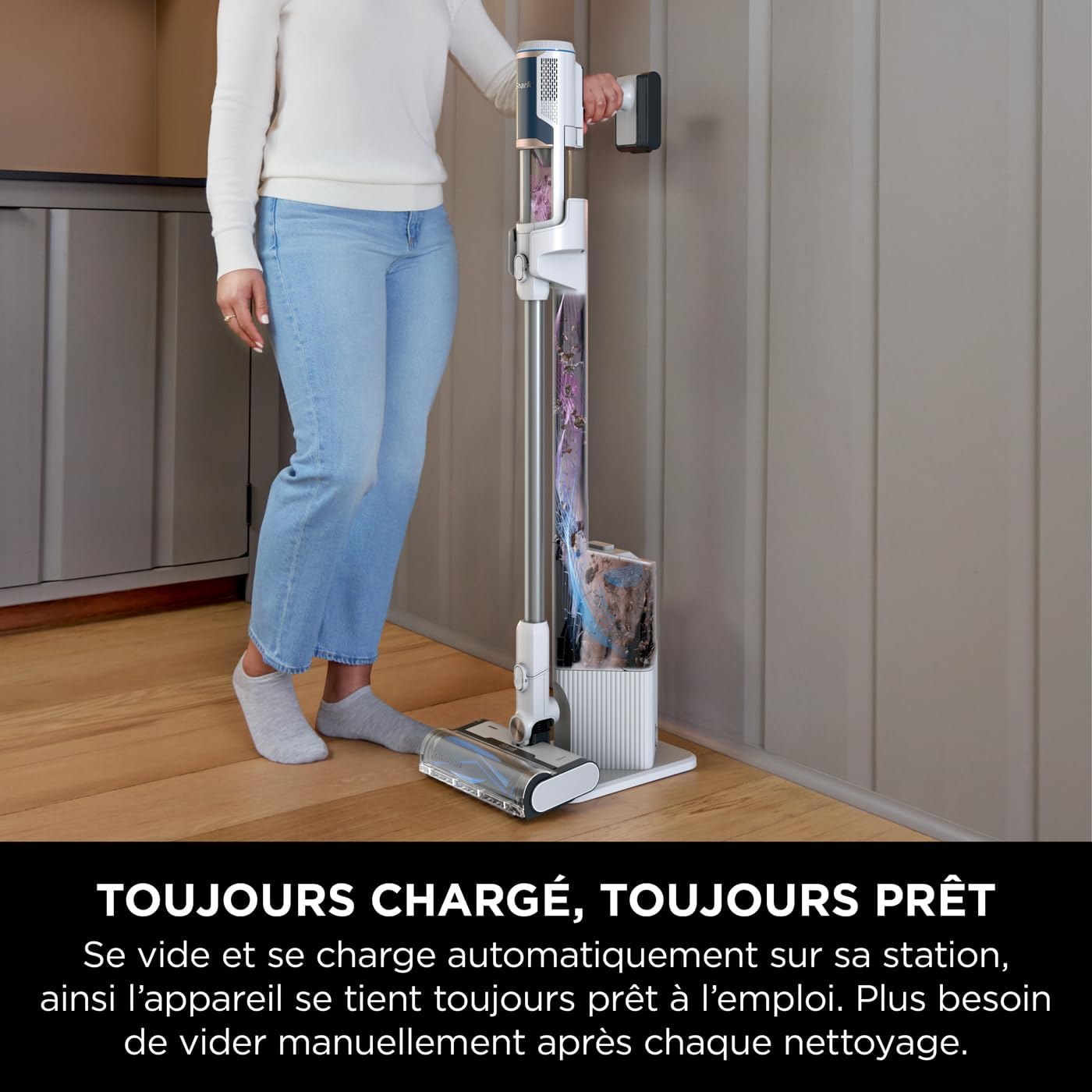 Shark Clean & Empty Aspirateur sans fil, système vidange automatique, aspirateur léger anti-poils avec outils animaux et interstices, autonomie 40 minutes, station de chargement, blanc/bleu, BU3521EU
