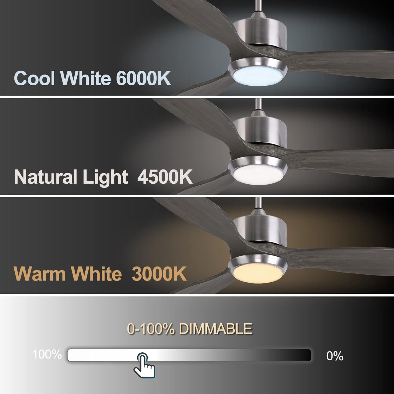 Ovlaim 132cm intérieur extérieur 3 pales hélice Smart ventilateur de plafond, Ventilateur de plafond en bois massif à moteur DC silencieux avect