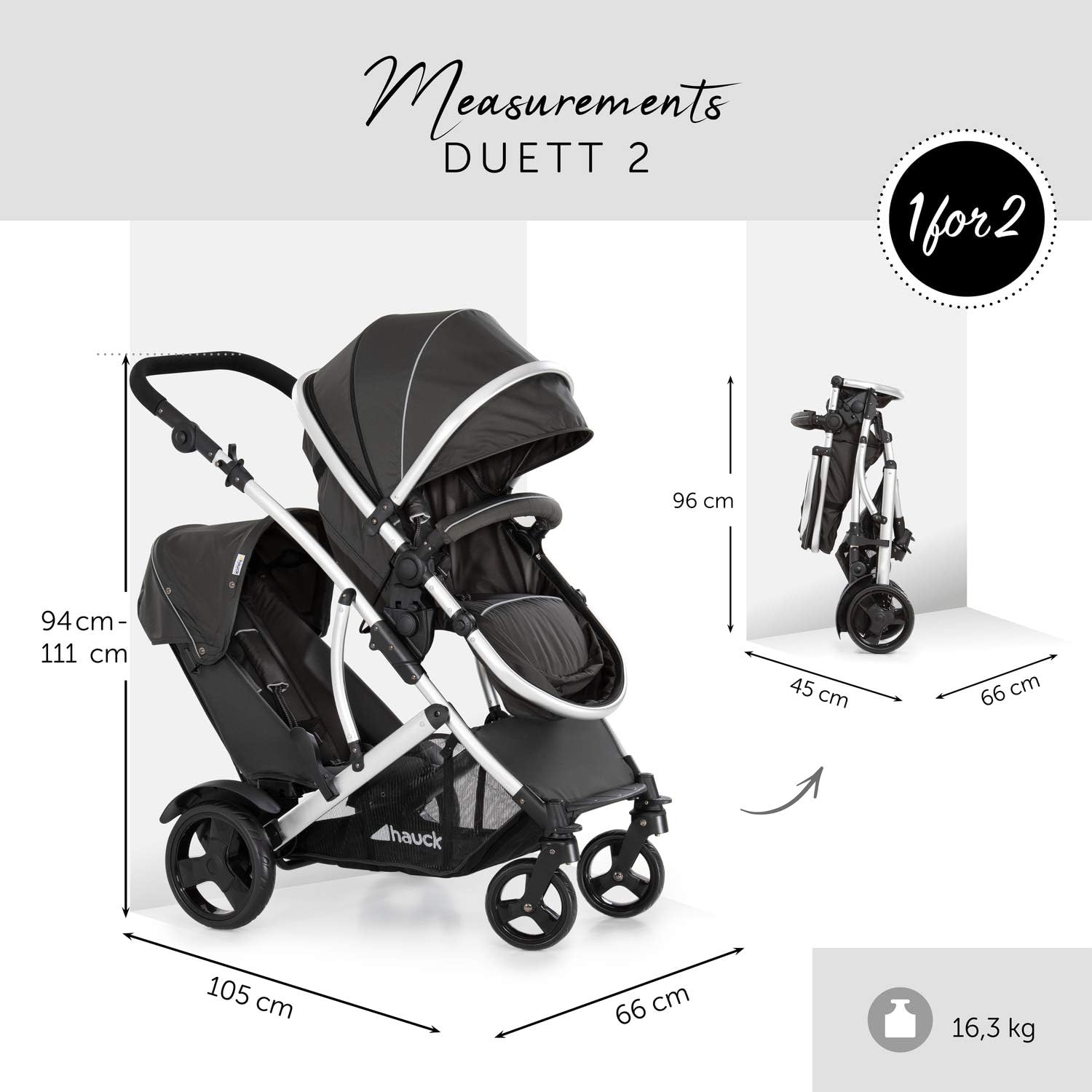 hauck Poussette Double Duett 2, Siège Supérieur Convertible en Nacelle Bébé, Réversible, Pliable, Charge Maxi 36 Kg, Inclus Habillage Pluie, Forest Noir