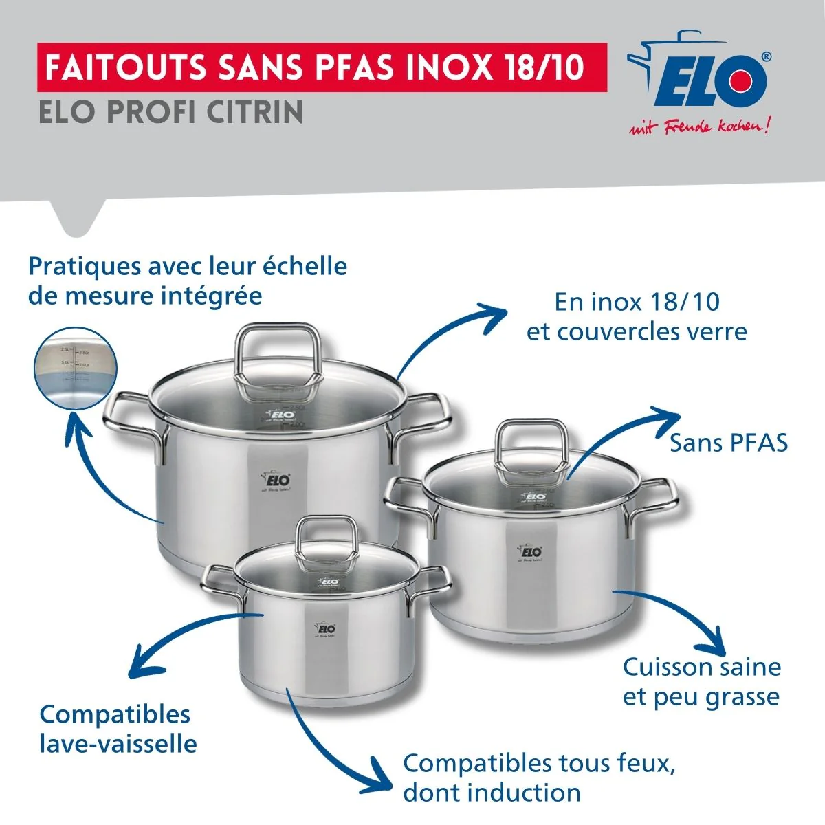 Set de 1 Poêle de cuisson 32 cm et 3 faitouts 14, 16 et 20 cm Elo Profi Citrin Elo