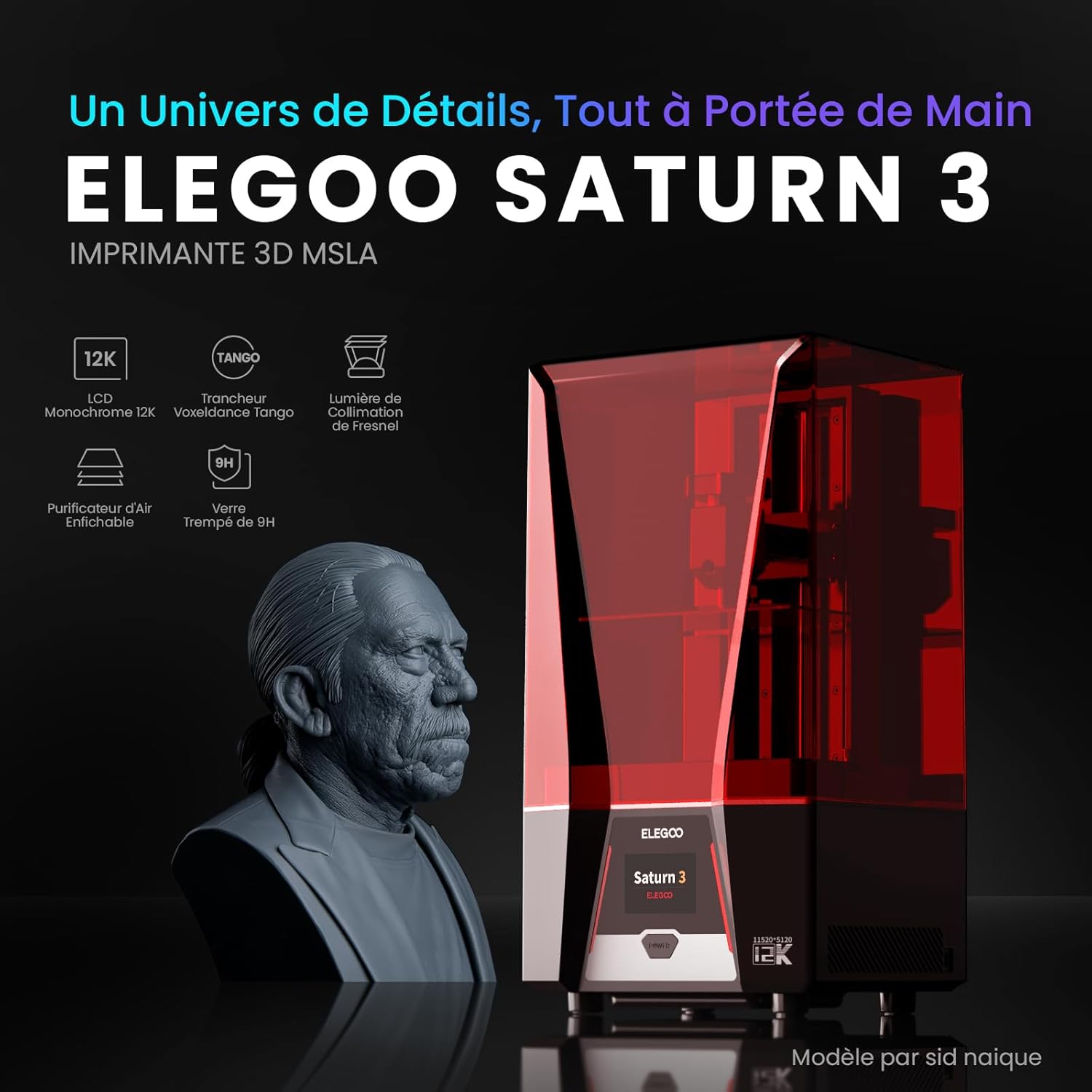 ELEGOO Saturn 4 Ultra Imprimante 3D Résine, LCD Mono 12K de 10 Pouces, Haute Vitesse de 150 mm/h, Nivellement Automatique et Intelligente, Transfert WiFi, Taille d'impression 218,88x122,88x220 mm³