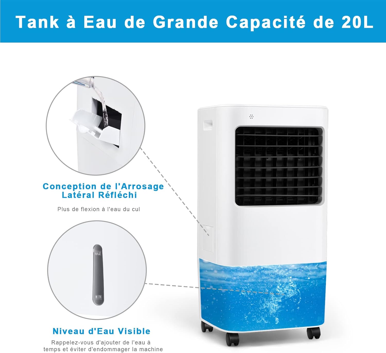 RELAX4LIFE Rafraîchisseur d’Air Mobile avec Humidificateur et Purificateur, 3 Mode de Vitesse, Climatiseur avec Réservoir d'Eau 8L et Filtre Amovible et Lavable pour Chambre, Bureau, Salon