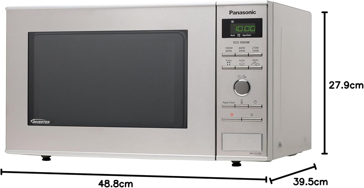 Panasonic NN-SD27HSUPG Four Micro-Ondes Technologie Inverter Plateau Tournant en Verre, 23L, 1000W, 10 Prog auto, Décongélation Chaos, 6 Puissances, Minuterie, Affichage LED, Acier Inoxydable Argent
