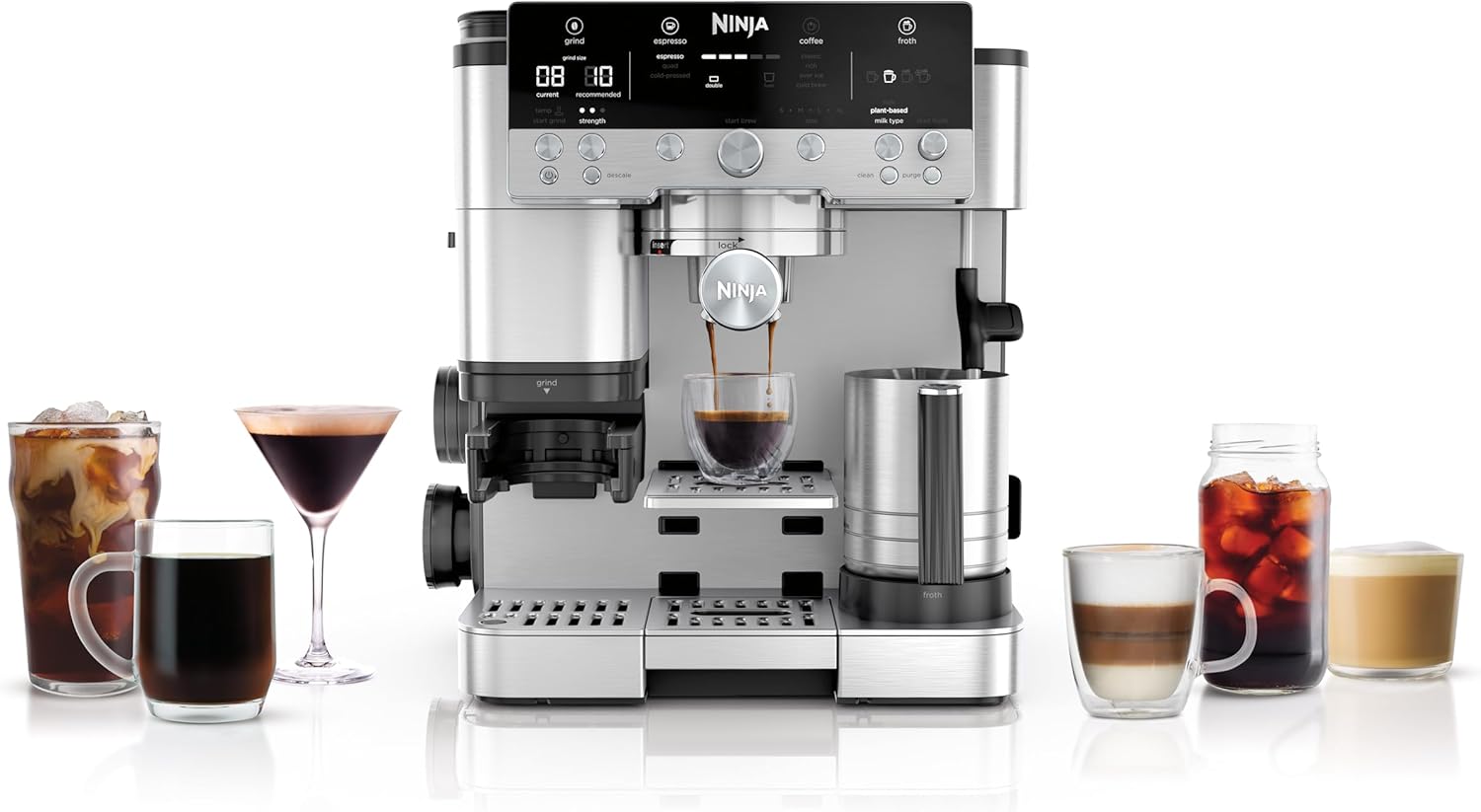 NINJA Machine à café Luxe Premier 3-en-1, Latte, Cappuccino, Infusion à froid et Espresso avec broyeur à grains et mousseur à lait intégrés, facile à utiliser, EU Prise, argent, ES601EU