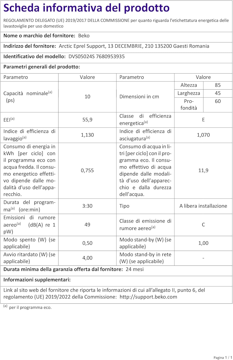 Beko DVS05024S lave-vaisselle Autoportante 10 couverts Argent