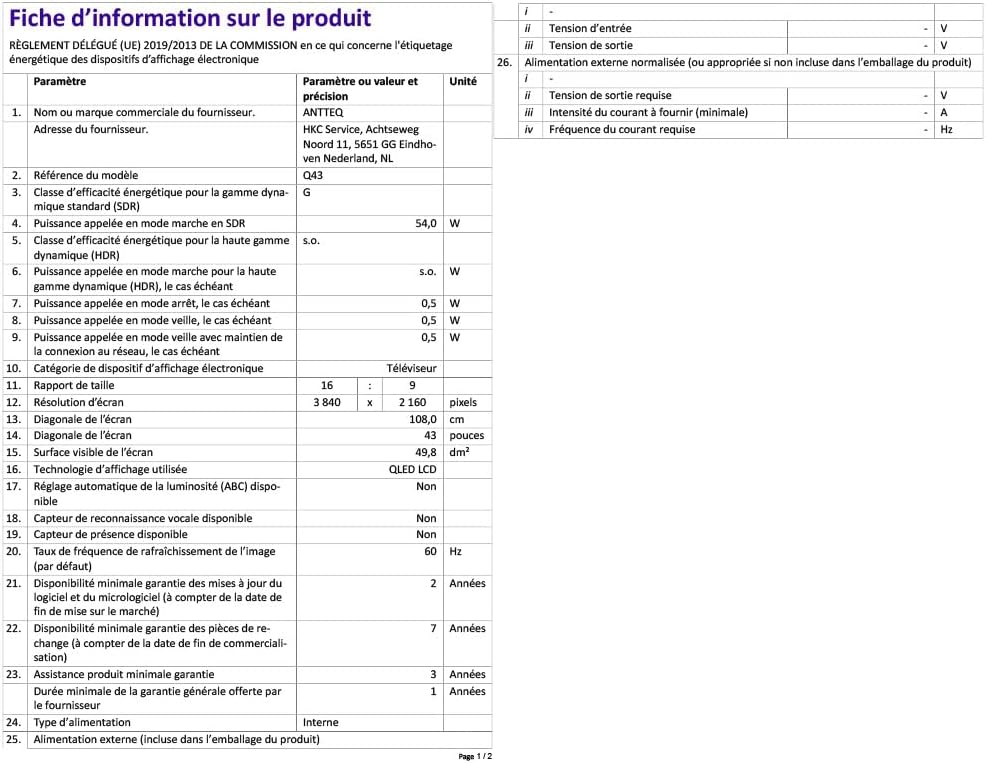 Antteq AB42D1 télévision 42 Pouces (TV 107 cm), Dolby Audio, LED, Triple Tuner DVB-C / T2 / S2, CI+, HDMI, Lecteur multimédia Via USB, Sortie Audio numérique, y Compris Mode hôtel