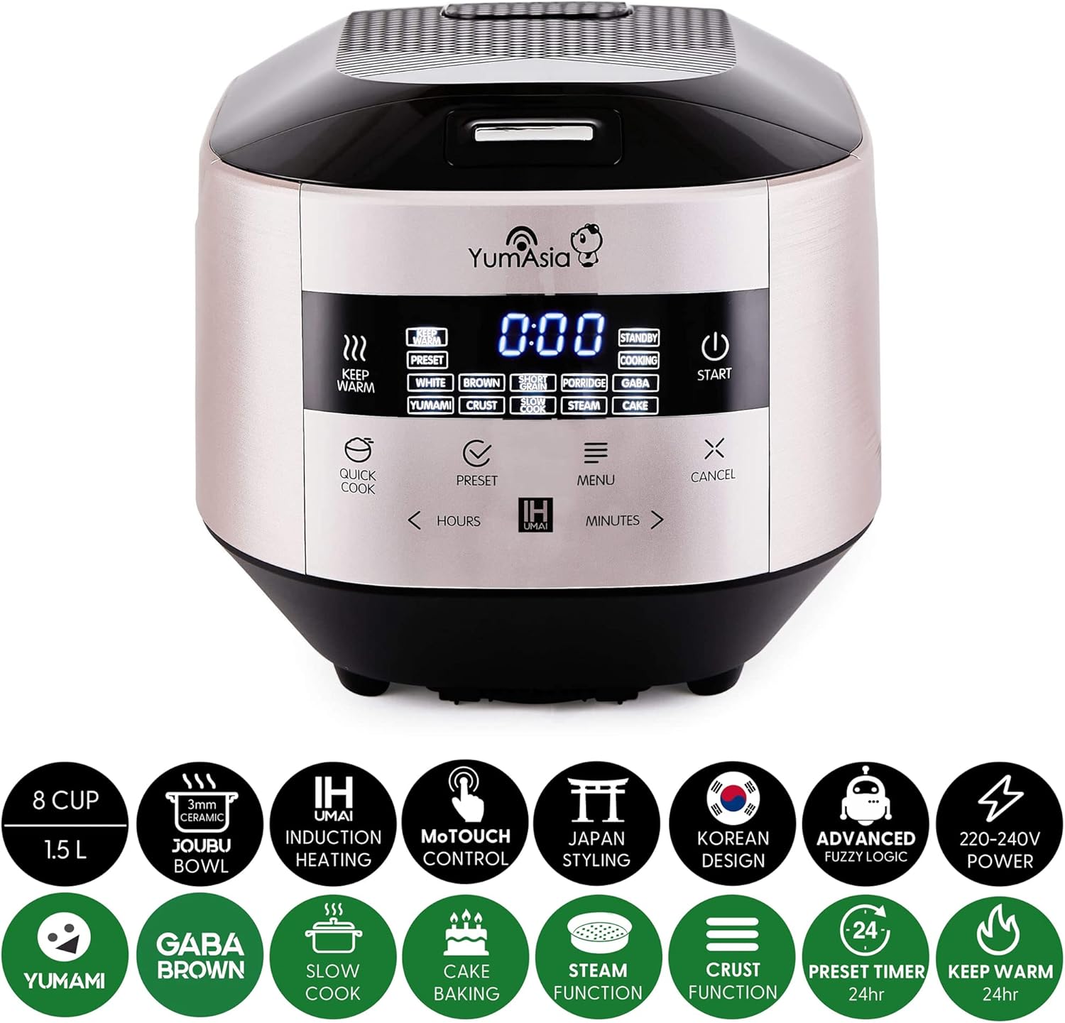 Yum Asia Bamboo Cuiseur à riz avec chauffage à induction (IH) et bol en céramique, 7 fonctions de cuisson au riz, 4 fonctions multicuiseurs, écran LED Motouch – 220-240V EU (Argent métallique)