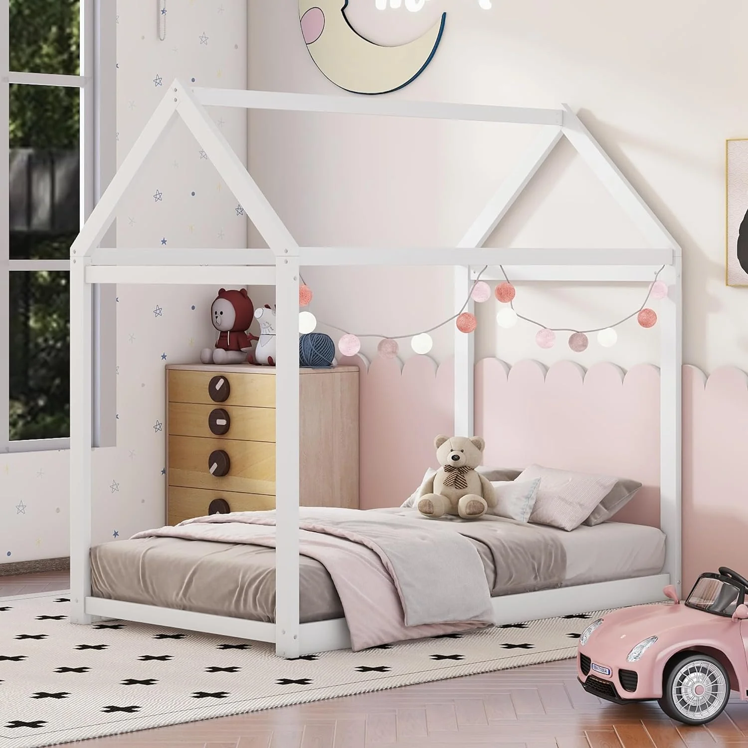 Twin House Floor Bed for Kids, Wooden Twin Montessori Bed Frame