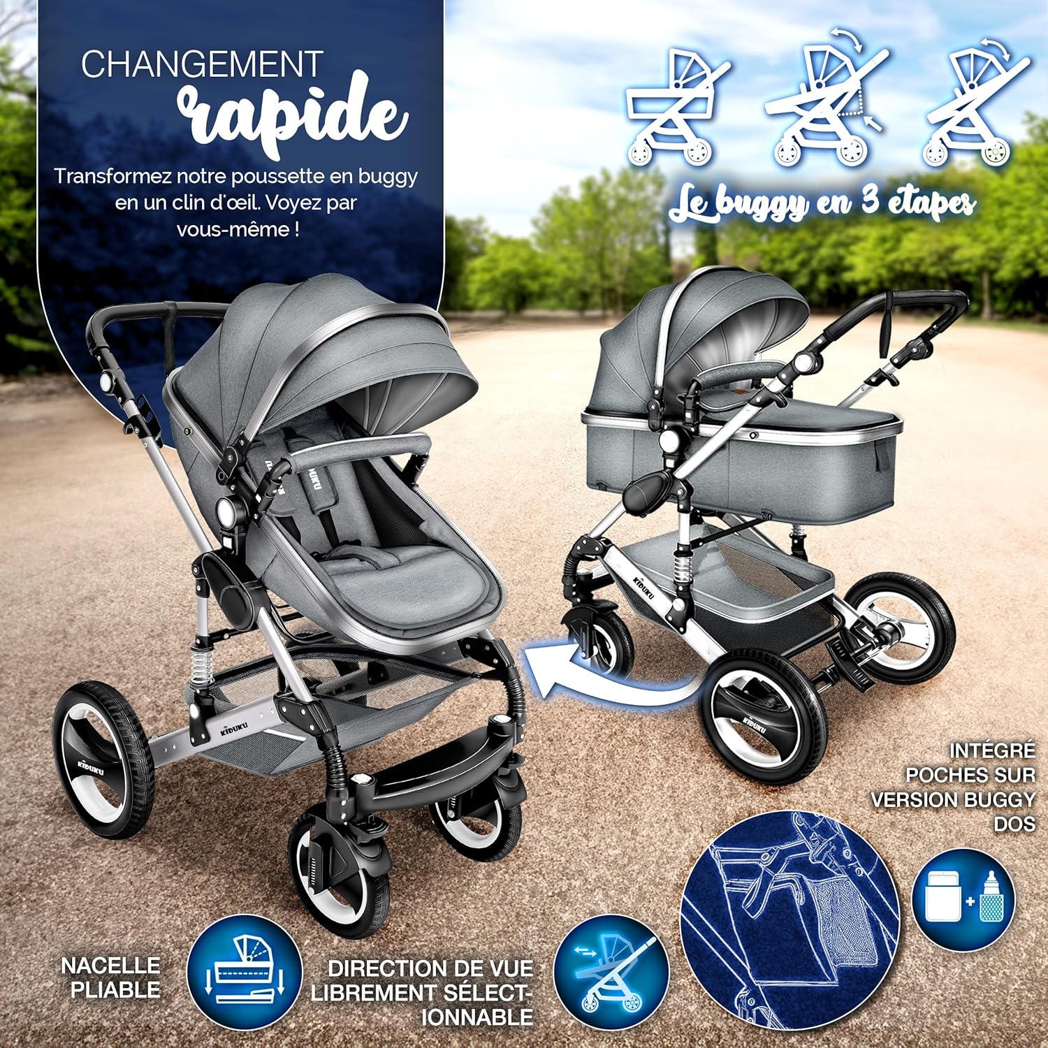 KIDUKU® Poussette Combinée 3 en 1 | Trio pour Enfants | Siége Auto Légère, Piable | Nacelle Souple Convertible | Set de Voyage (Noir/Champagne)