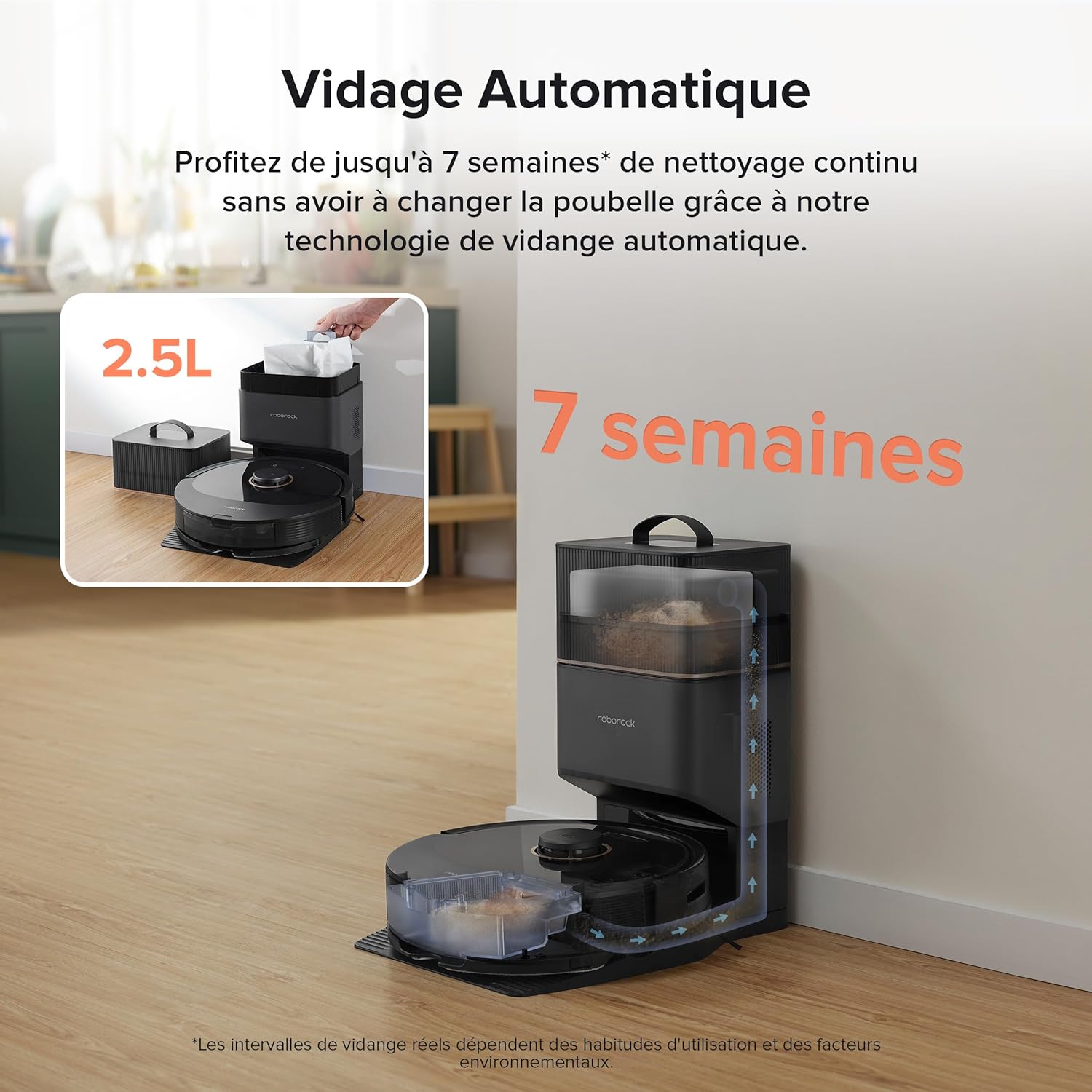 roborock Q8 Max+ Aspirateur Robot Laveur avec Station, Vidage Automatique, 5500Pa Aspiration, Brosse DuoRoller, Navigation LiDAR, Évitement d'obstacles, Cartographie Multi-Niveaux, Contrôle APP/Vocale