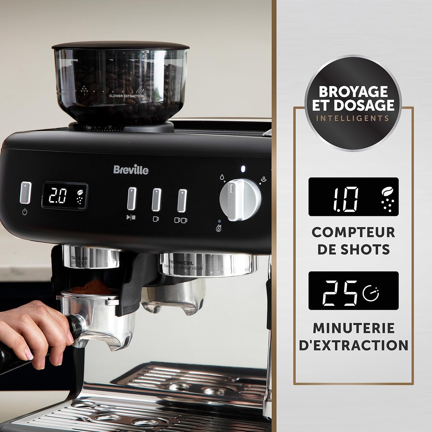 Breville Barista Max Machine à café/machine à expresso, semi-automatique avec moulin broyeur à grain intégré, buse à vapeur pour faire mousser le lait & pompe italienne de 15 bars [VCF126X]