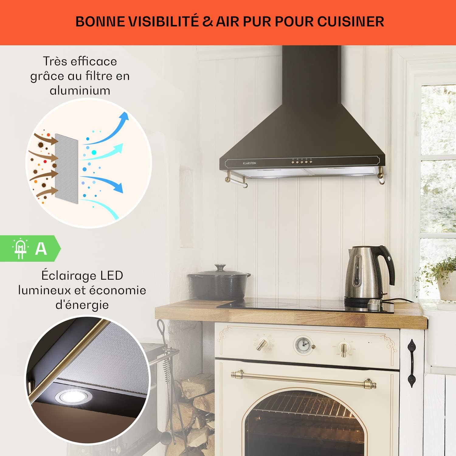 Klarstein Hotte Aspirante 90 cm, Hottes de Cuisine avec Filtre de Hotte en Aluminium, Débit d'Air Puissant de 645m³/h, Eclairage LED, Extracteur d'Air Silencieux, Hotte Efficace avec Evacuation