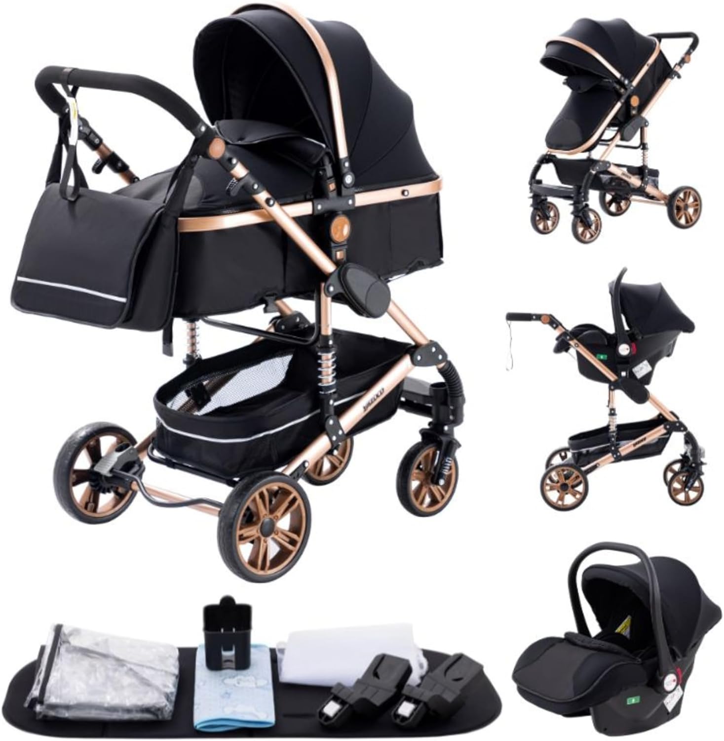 YAZOCO Poussettes 3 en 1 Citadines Poussettes Combinées Poussette Tricycle Baby Walker Poussette Haute Paysage Poussettes Pliantes Trolley Bébé Landau pour 0-36 (1 Noir)