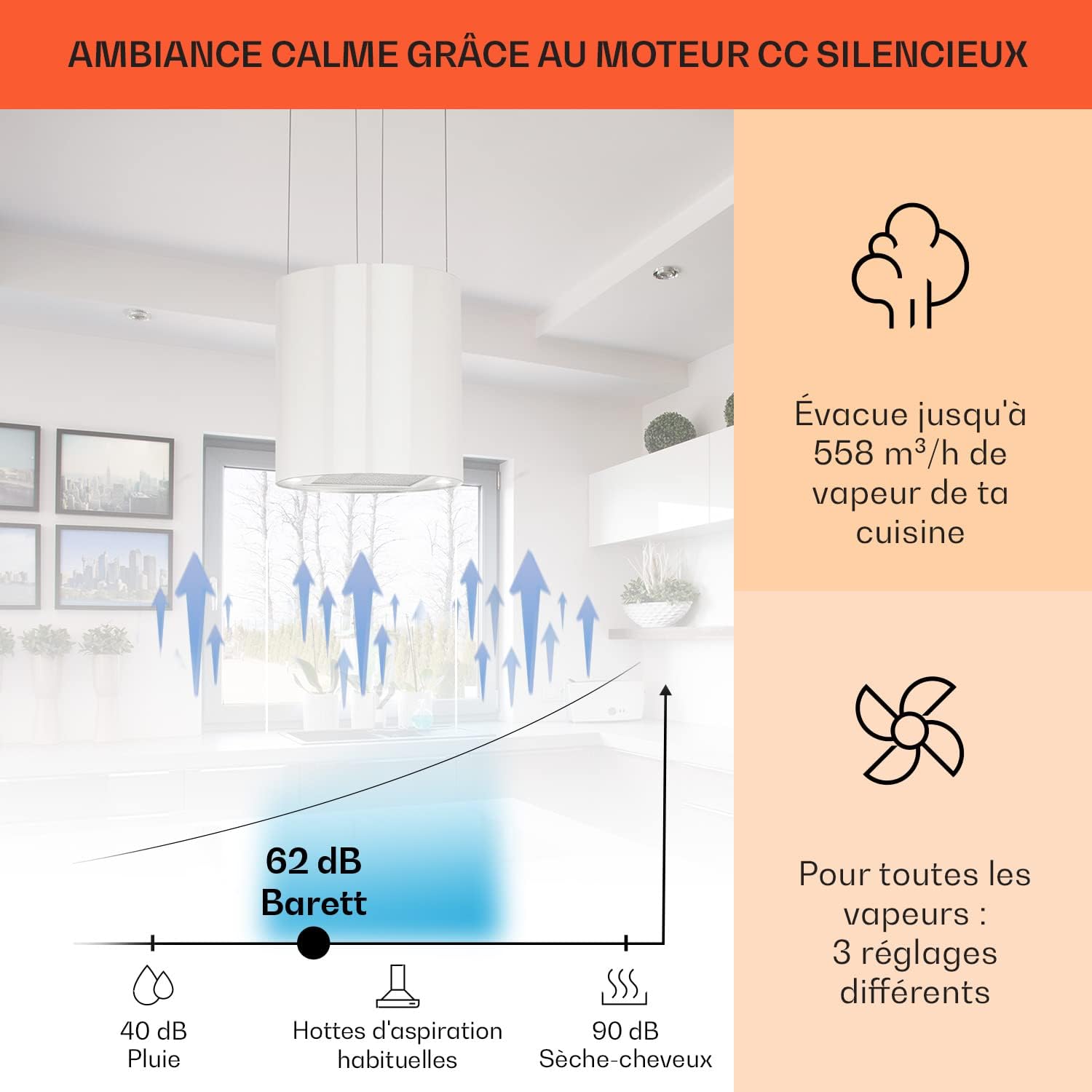 KLARSTEIN Barett - hotte aspirante îlot, hotte aspirante silencieuse Ø 35cm, Puissance Moteur 190W, 560 m³/h Max, 3 Niveaux de Puissance, éclairage LED, INOX - Argent