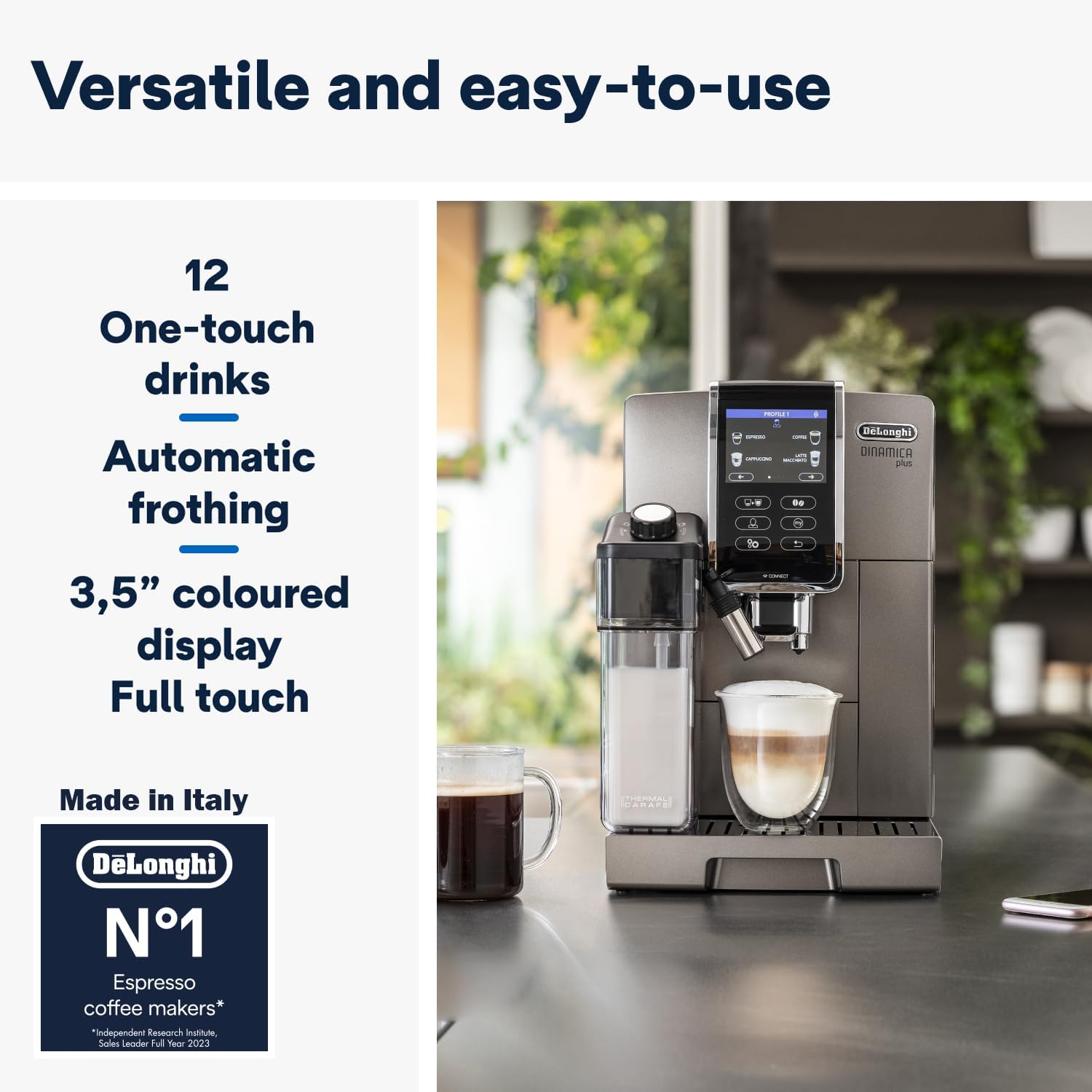 De'Longhi Dinamica Plus ECAM 370.95.T, Machine a Cafe Grain avec Système Lait, Cappuccino et Espresso, Écran Tactile TFT de 3.5 et Contrôle via Application, Fonction Carafe à Café, 1450W, Titan