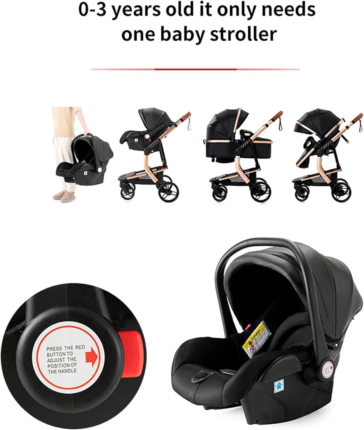 NADDLILY Poussette 3 en 1, Poussette Bebe avec Conception Portable Pliable en Un Clic, Pousette 3 en 1 avec Poussée Réversible Bidirectionnelle, Poussette Canne avec Accessoires (V9 Black)