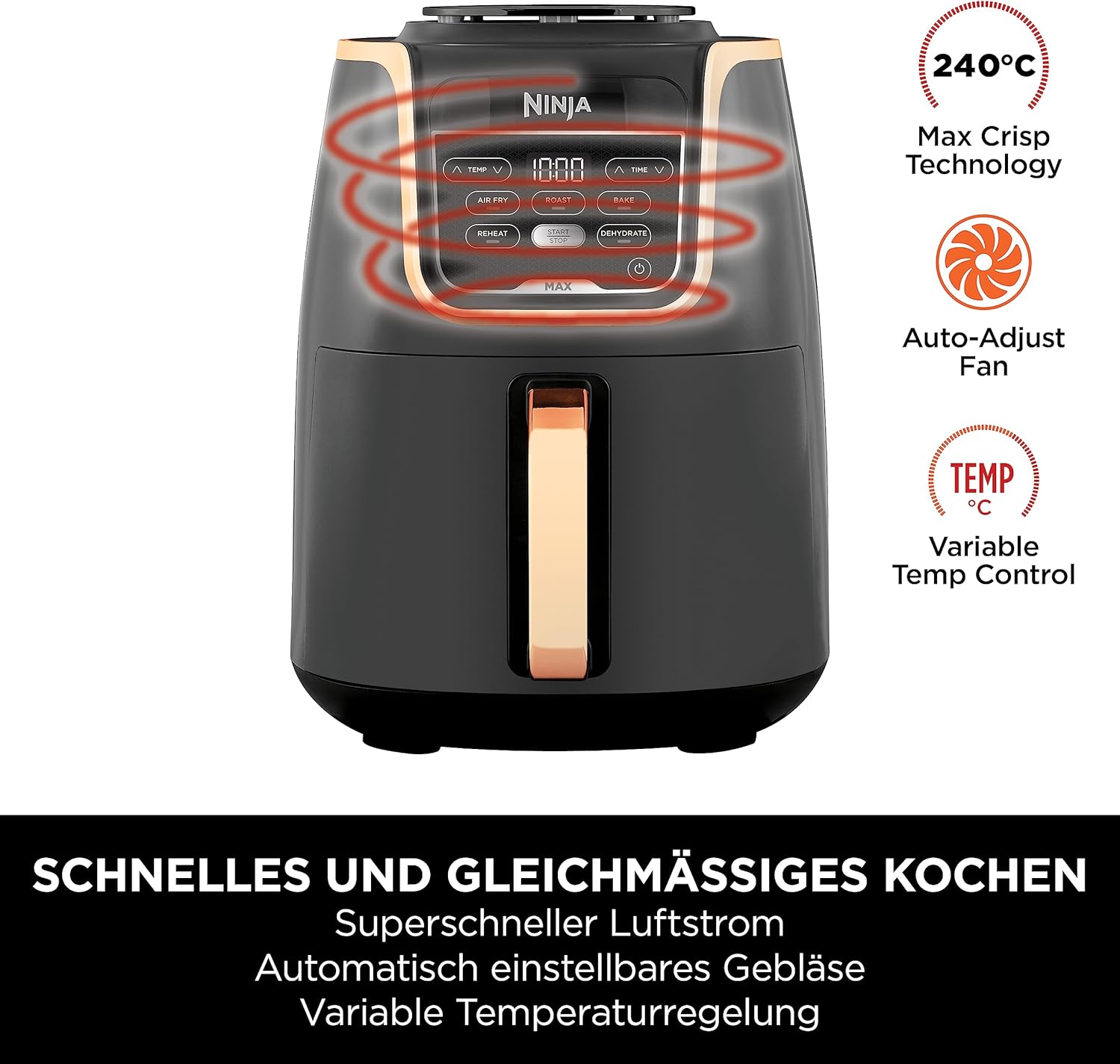 Ninja Foodi FlexDrawer Dual Zone Heißluftfritteuse, Airfryer mit 10,4-Fach und herausnehmbarem Trenner, Antihaftbeschichtung, spülmaschinenfester Korb, 7-in-1, Schwarz & Kupfer, AF500EUCP