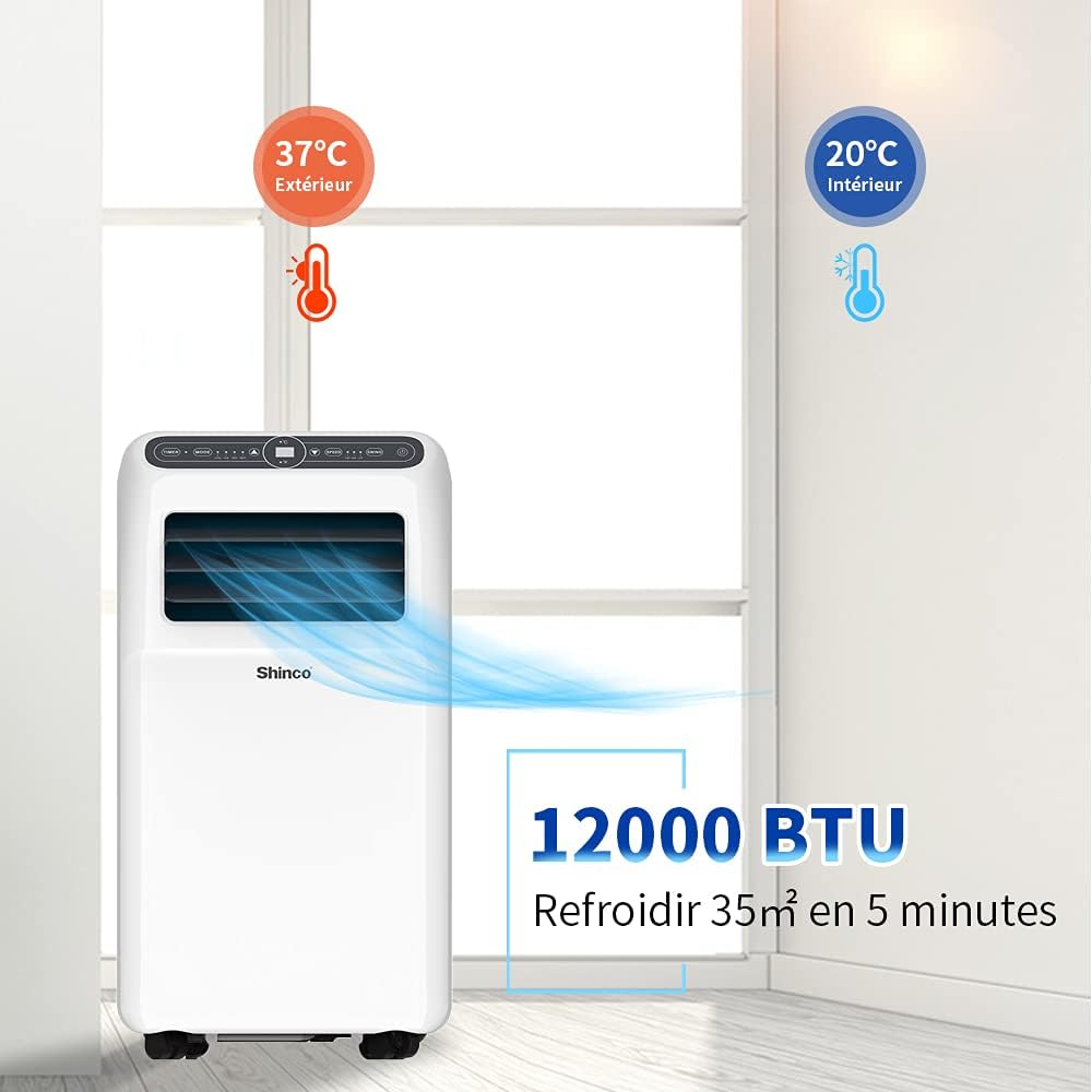 SHINCO Climatiseur mobile, 7000 BTU 2,05kW, Refroidir&Ventilation&Déshumidification, taille de la pièce jusqu'à 54m³(18㎡), Climatiseur mobile avec tuyau d'évacuation et tuyau de vidange, mode sommeil