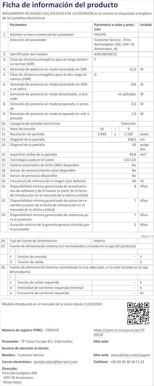 Philips Ambilight 43PUS8109 Smart TV LED 4K - Écran 43 Pouces avec Plate-Forme Pixel Precise Ultra HD, Titan OS et Son Dolby Atmos, Fonctionne avec l’Assistant Vocal Alexa et Google - Chrome satiné