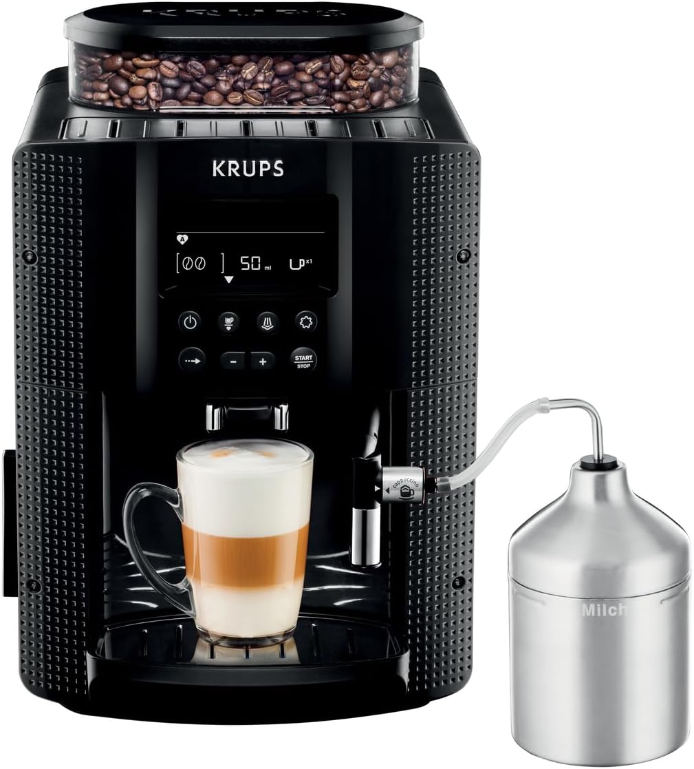 Krups Machine à café grain, 2 expressos simultanés, Ecran LCD, Cafetière espresso compacte, Nettoyage automatique, Buse vapeur pour Cappuccino, Essential noire YY8135FD, Noir