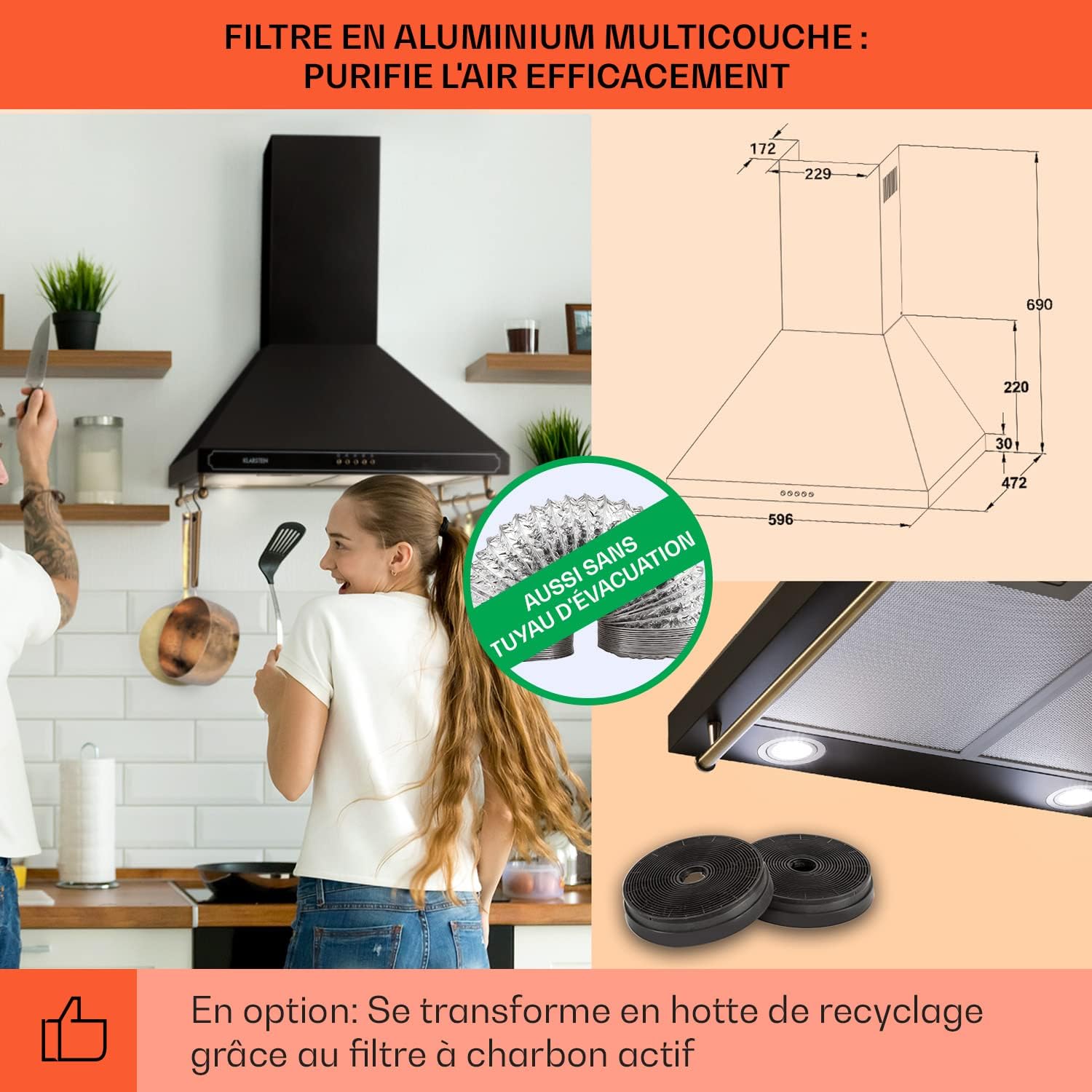 Klarstein Hotte Aspirante 90 cm, Hottes de Cuisine avec Filtre de Hotte en Aluminium, Débit d'Air Puissant de 645m³/h, Eclairage LED, Extracteur d'Air Silencieux, Hotte Efficace avec Evacuation