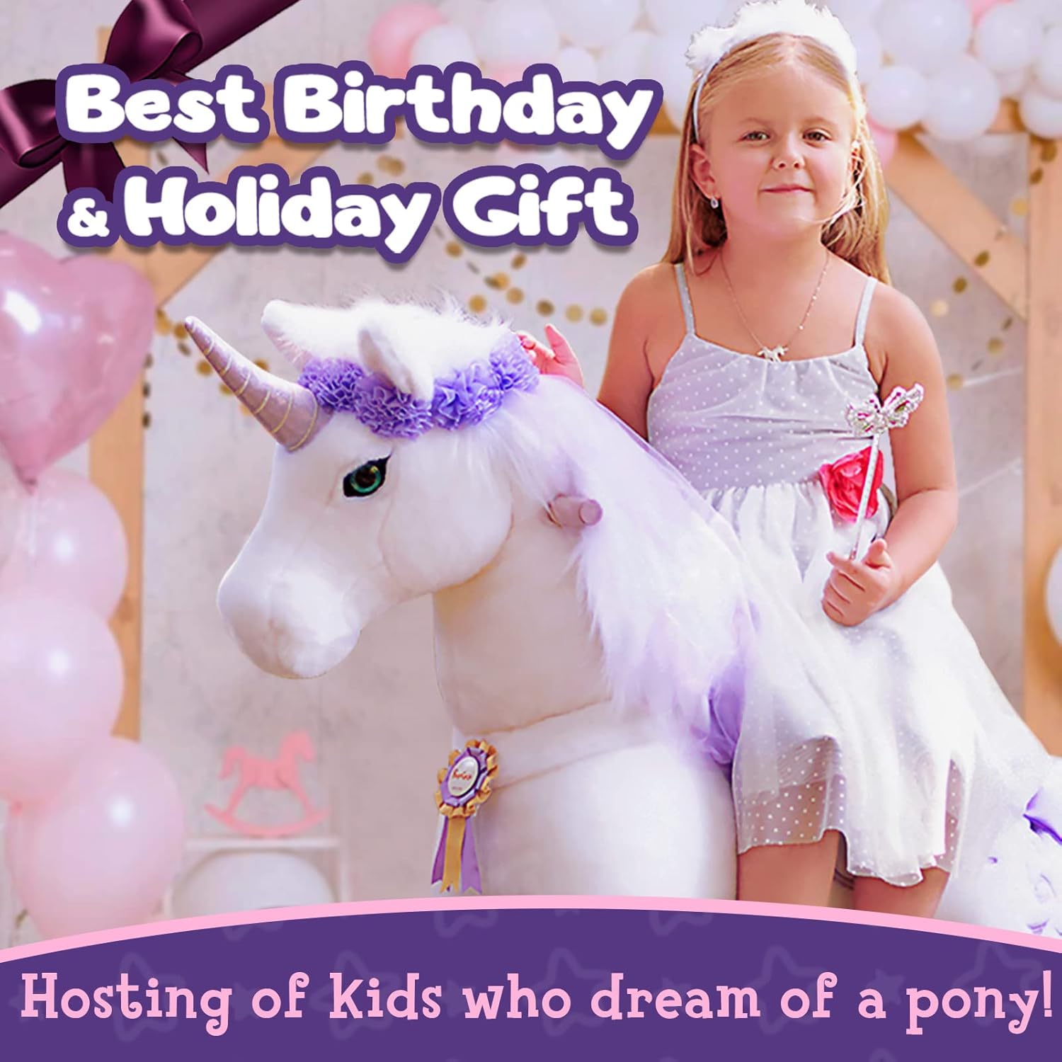 PonyCycle Officiel Prime Modèle K Ride sur Le Jouet Licorne Licorne Animal Marchant en Peluche avec Corne Violette Taille 4 pour Âge 4-8 Ans Taille Moyenne K41