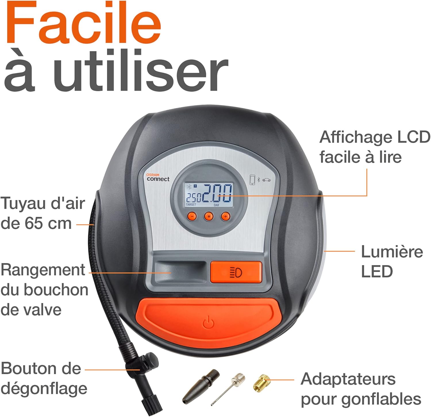OSRAM TYREinflate Connect 650, compresseur de pneu numérique avec arrêt automatique et lumière LED, compresseur portable 12V pour pneus de voiture, connexion électrique via allume-cigare