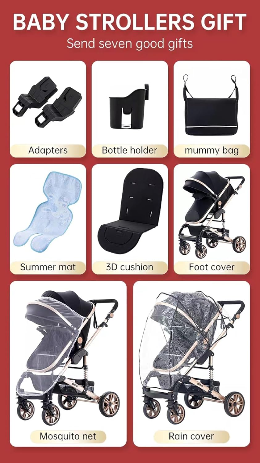 GLOKID Poussette 3 en 1, Poussettes Combinée Portable Pliant en Un Clic，Poussette Canne Poignée Réglable en Hauteur, Poussettes Combinée Paysage Haut Cadre en Aluminium (X1 NOIR)